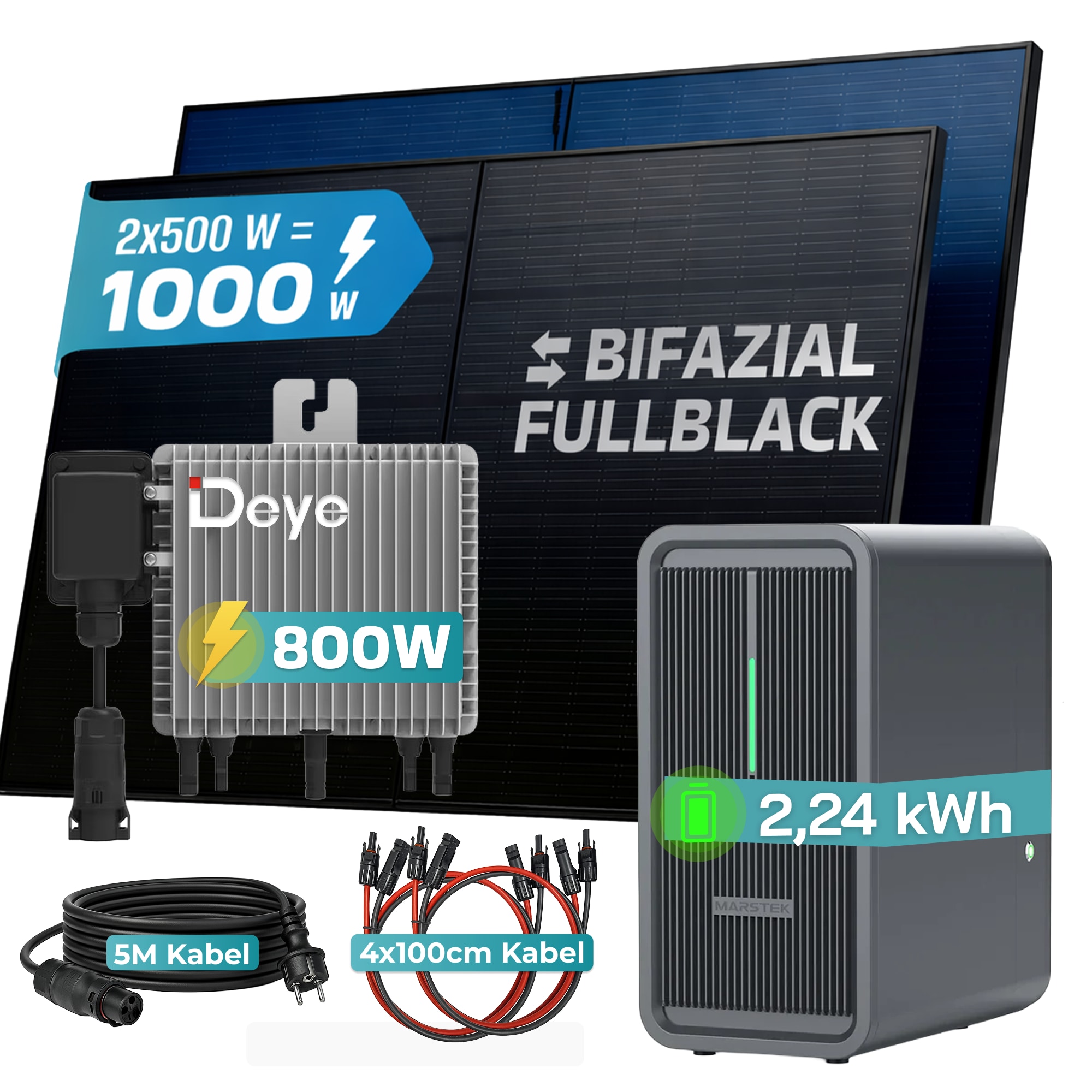 SUNNIVA&reg; 1000W Balkonkraftwerk Deye mit 2,24 kWh Speicher MARSTEK B2500-D, BIFAZIAL FULLBLACK komplett Steckdose, PV Solaranlage Komplettset mit Solarspeicher, 2x 500W N-Type Glas Bifacial Module 
