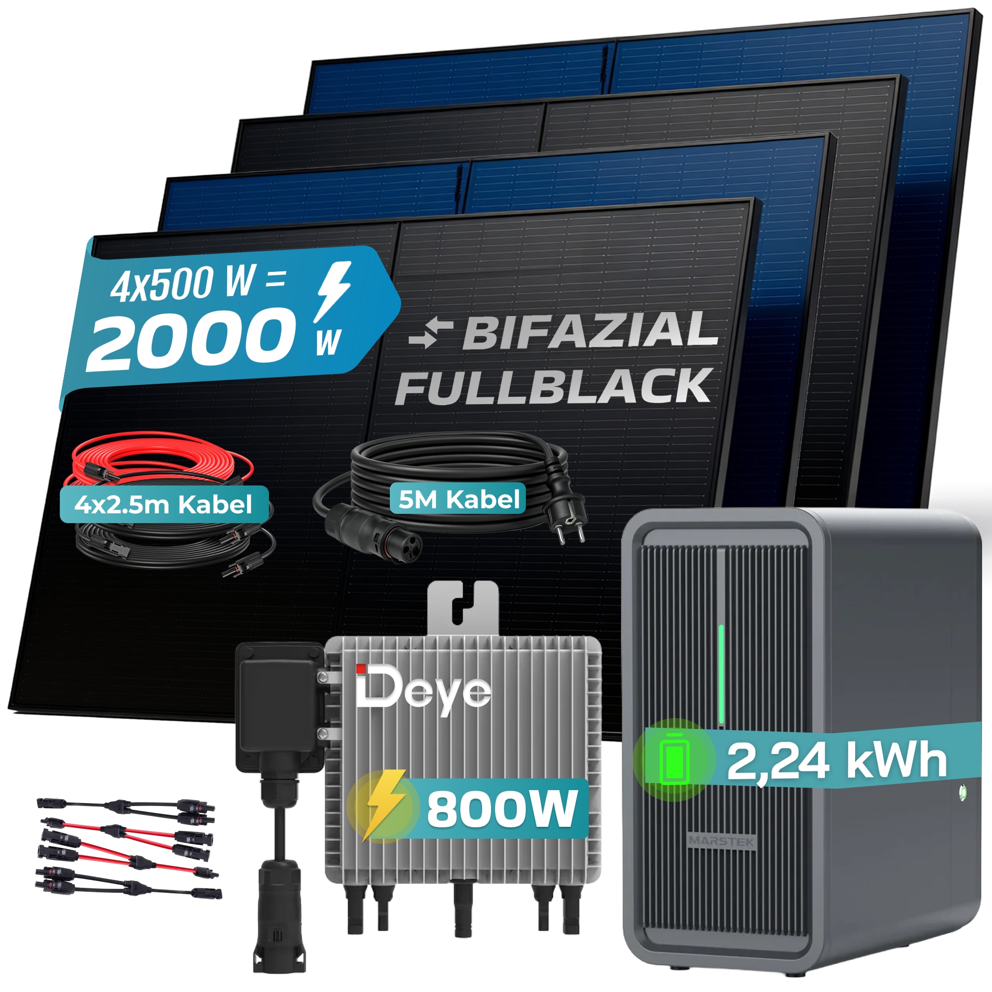 SUNNIVA&reg; 2000W Balkonkraftwerk Deye mit 2,24 kWh Speicher MARSTEK B2500-D, BIFAZIAL FULLBLACK komplett Steckdose, PV Solaranlage Komplettset mit Solarspeicher, 4x 500W N-Type Glas Bifacial Module 