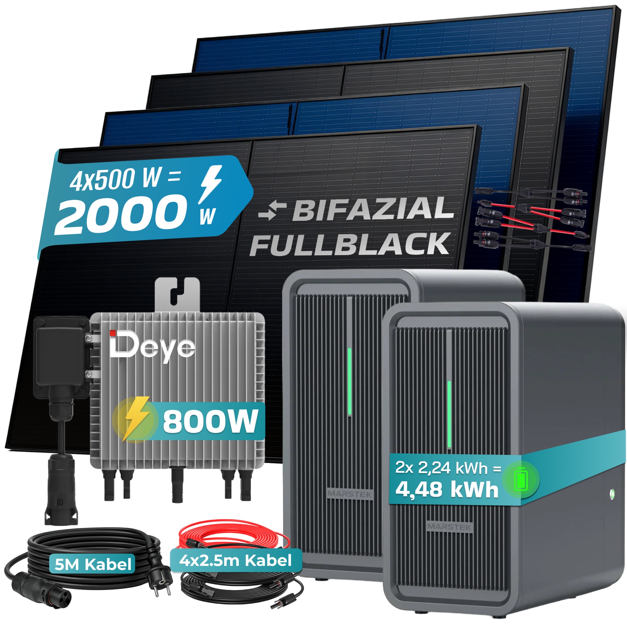 SUNNIVA&reg; 2000W Balkonkraftwerk Deye mit 4,48 kWh Speicher MARSTEK B2500-D, BIFAZIAL FULLBLACK komplett Steckdose, PV Solaranlage Komplettset mit Solarspeicher, 4x 500W N-Type Glas Bifacial Module 