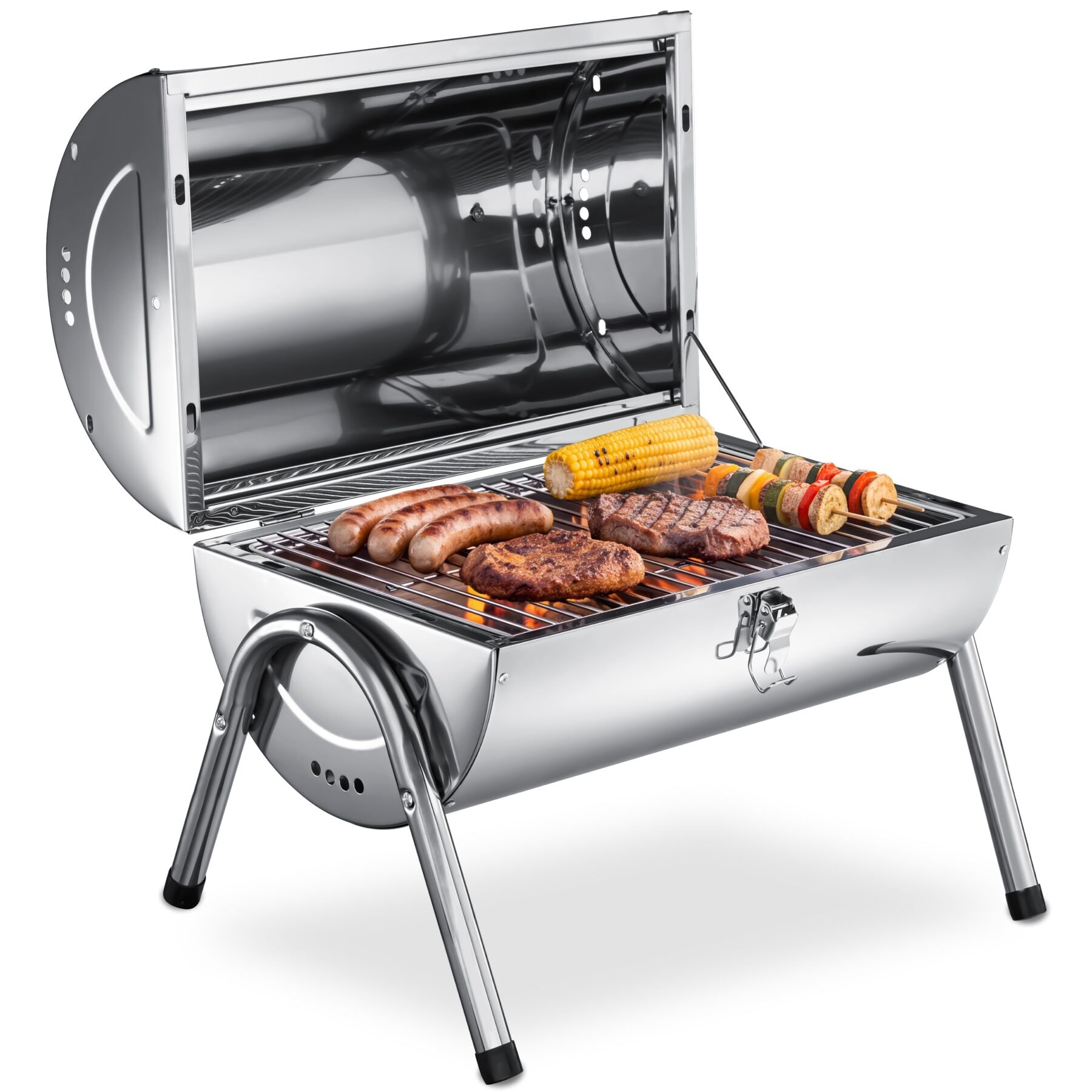 tectake&reg; Edelstahlgrill, mit Doppel-Grillfl&auml;che und 2 Kohlewannen, inklusive 2 Grillrostheber, geringes Gewicht, 42 x 30,5 x 44 cm 