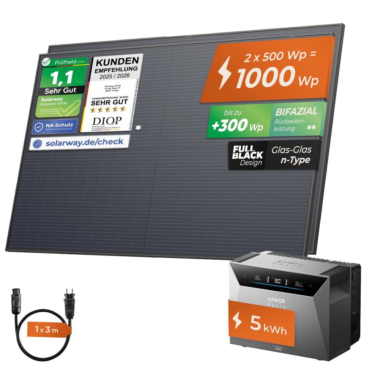 SOLARWAY Balkonkraftwerk 1000 Watt | Anker SOLIX Solarbank 4 Pro 