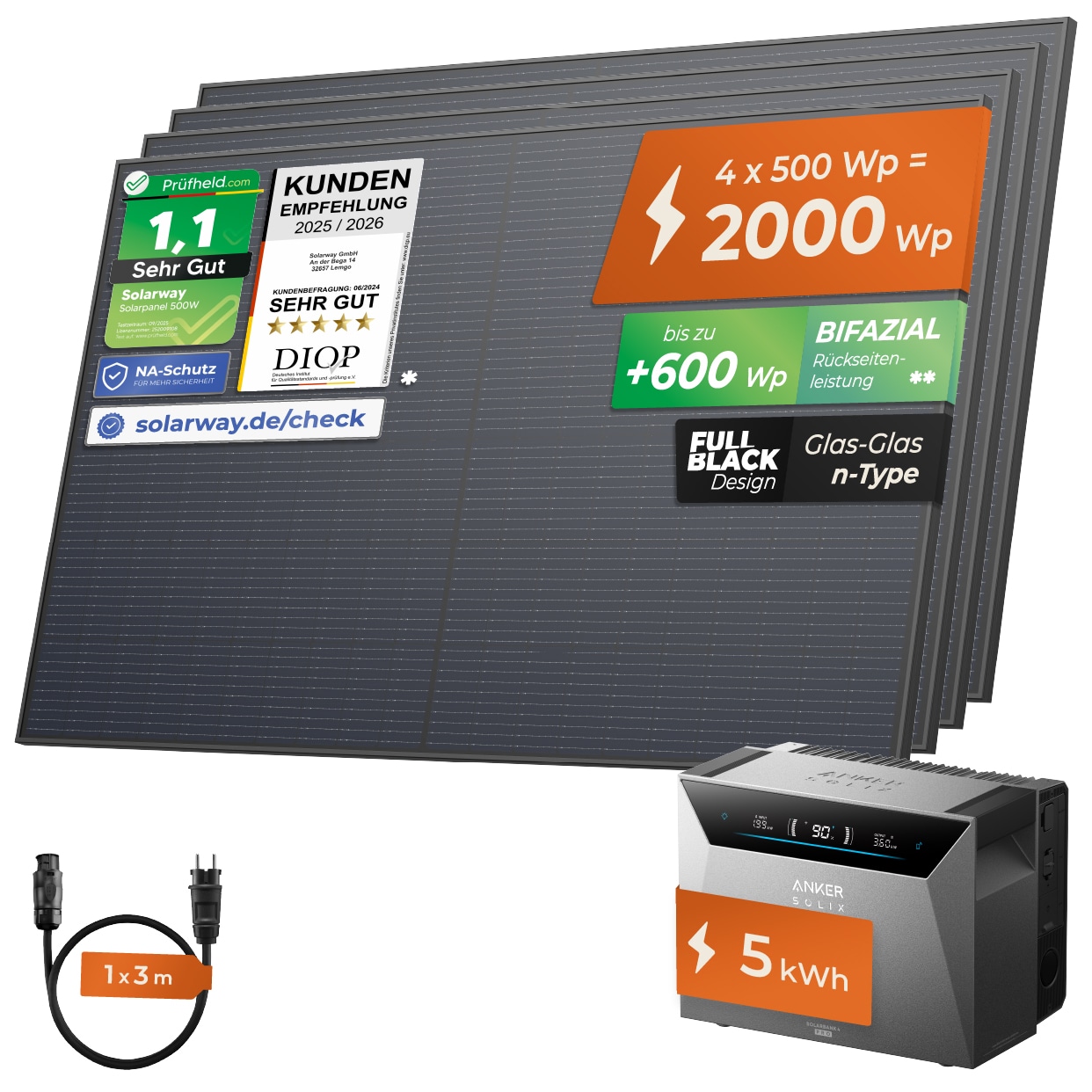 SOLARWAY Balkonkraftwerk 2000 Watt | Anker SOLIX Solarbank 4 Pro 