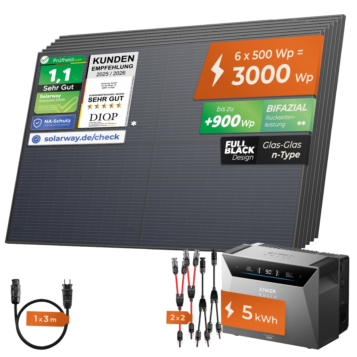 SOLARWAY Balkonkraftwerk 3000 Watt | Anker SOLIX Solarbank 4 Pro 