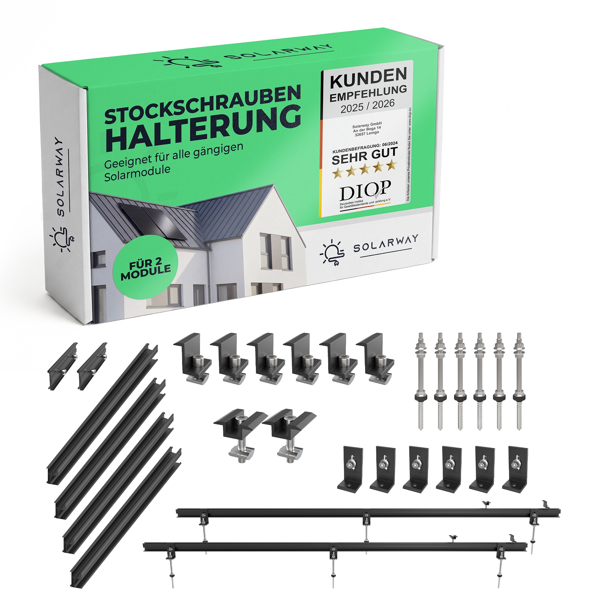 Solarway Balkonkraftwerk Halterung |Schwarz | Stockschrauben Montageset f&uuml;r Blechdach, Holzdach & Welldach | F&uuml;r 2 Solarmodule 