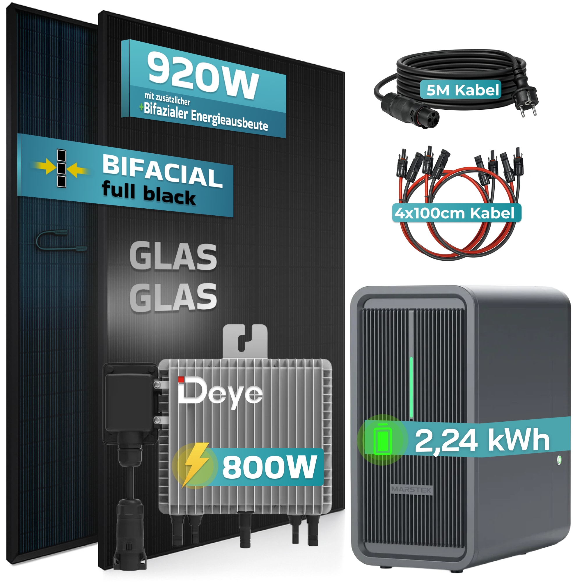 SUNNIVA&reg; 920W Balkonkraftwerk Deye mit 2,24 kWh Speicher Marstek B2500-D, BIFAZIAL FULLBLACK komplett Steckdose, PV Solaranlage Komplettset mit Solarspeicher, 2x 460W N-Type Glas-Glas Bifacial Module 