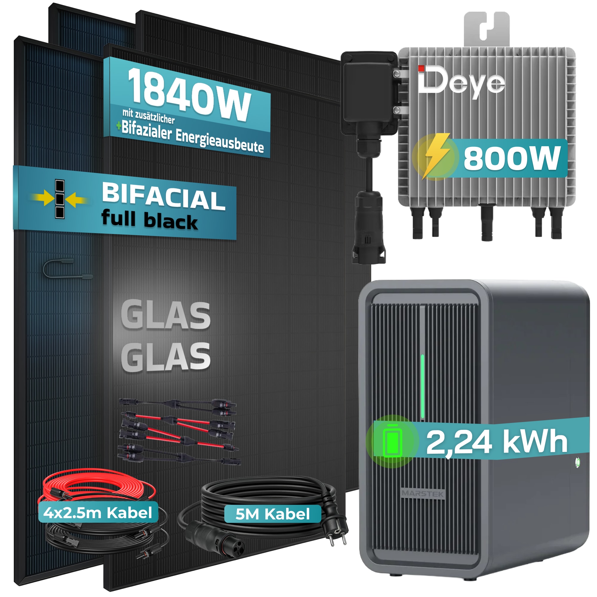 SUNNIVA&reg; 1840W Balkonkraftwerk Deye mit 2,24 kWh Speicher Marstek B2500-D, BIFAZIAL FULLBLACK komplett Steckdose, PV Solaranlage Komplettset mit Solarspeicher, 4x 460W N-Type Glas-Glas Bifacial Module 
