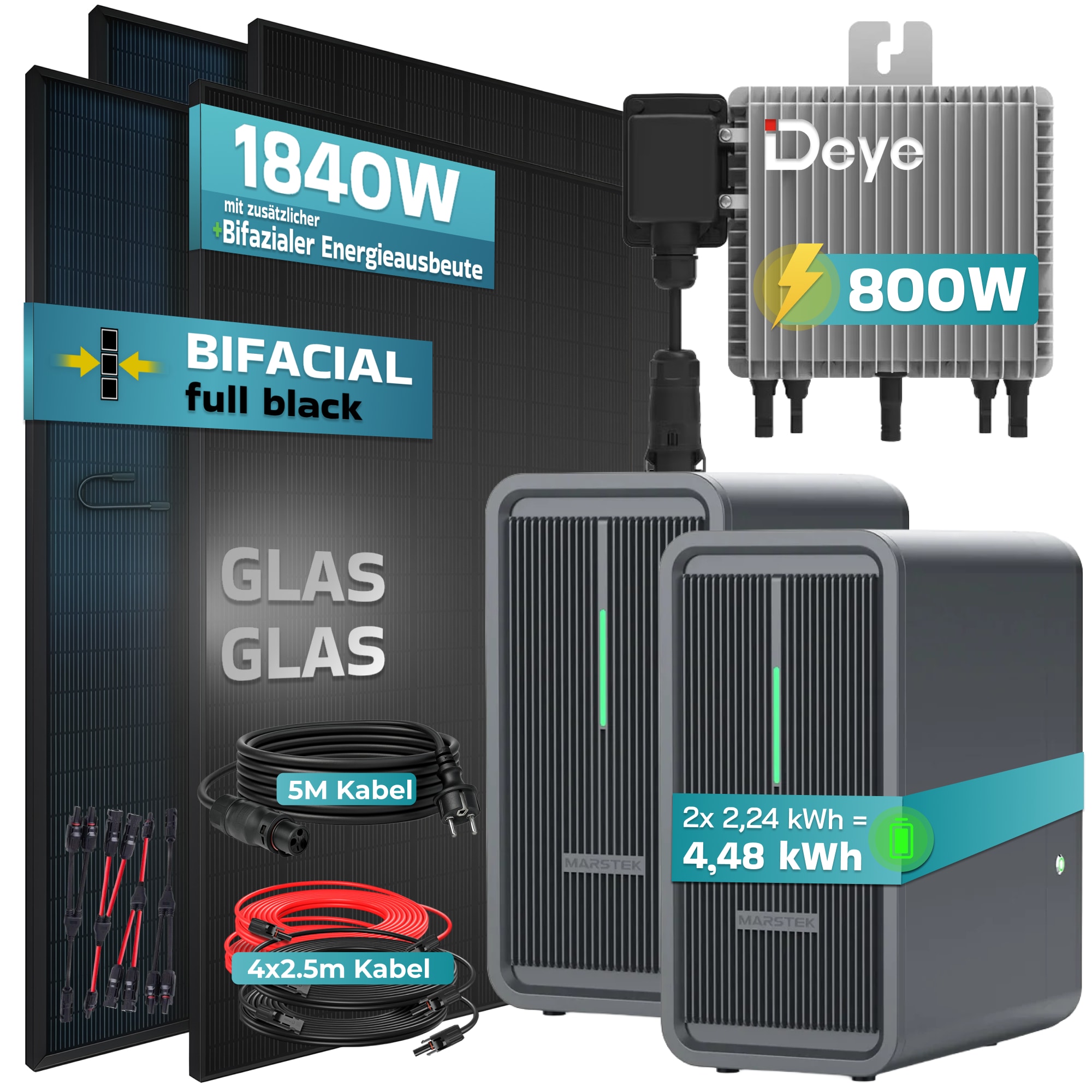 SUNNIVA&reg; 1840W Balkonkraftwerk Deye mit 4,48 kWh Speicher Marstek B2500-D, BIFAZIAL FULLBLACK komplett Steckdose, PV Solaranlage Komplettset mit Solarspeicher, 4x 460W N-Type Glas-Glas Bifacial Module 