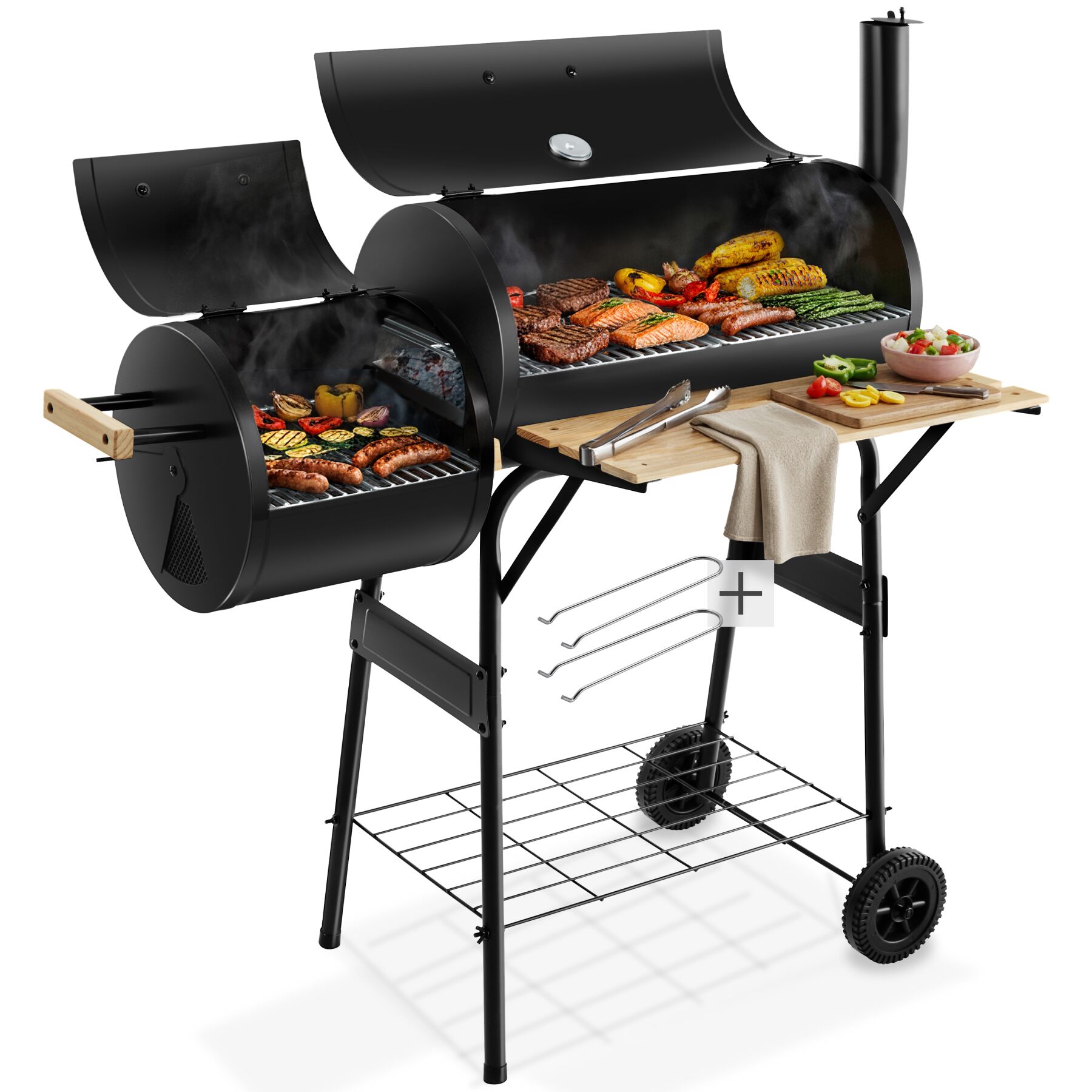 tectake&reg; Holzkohlegrill, 2 in 1, zum Grillen und R&auml;uchern, mit 2 R&auml;dern, mit Thermometer, 110 x 60 x 116 cm 