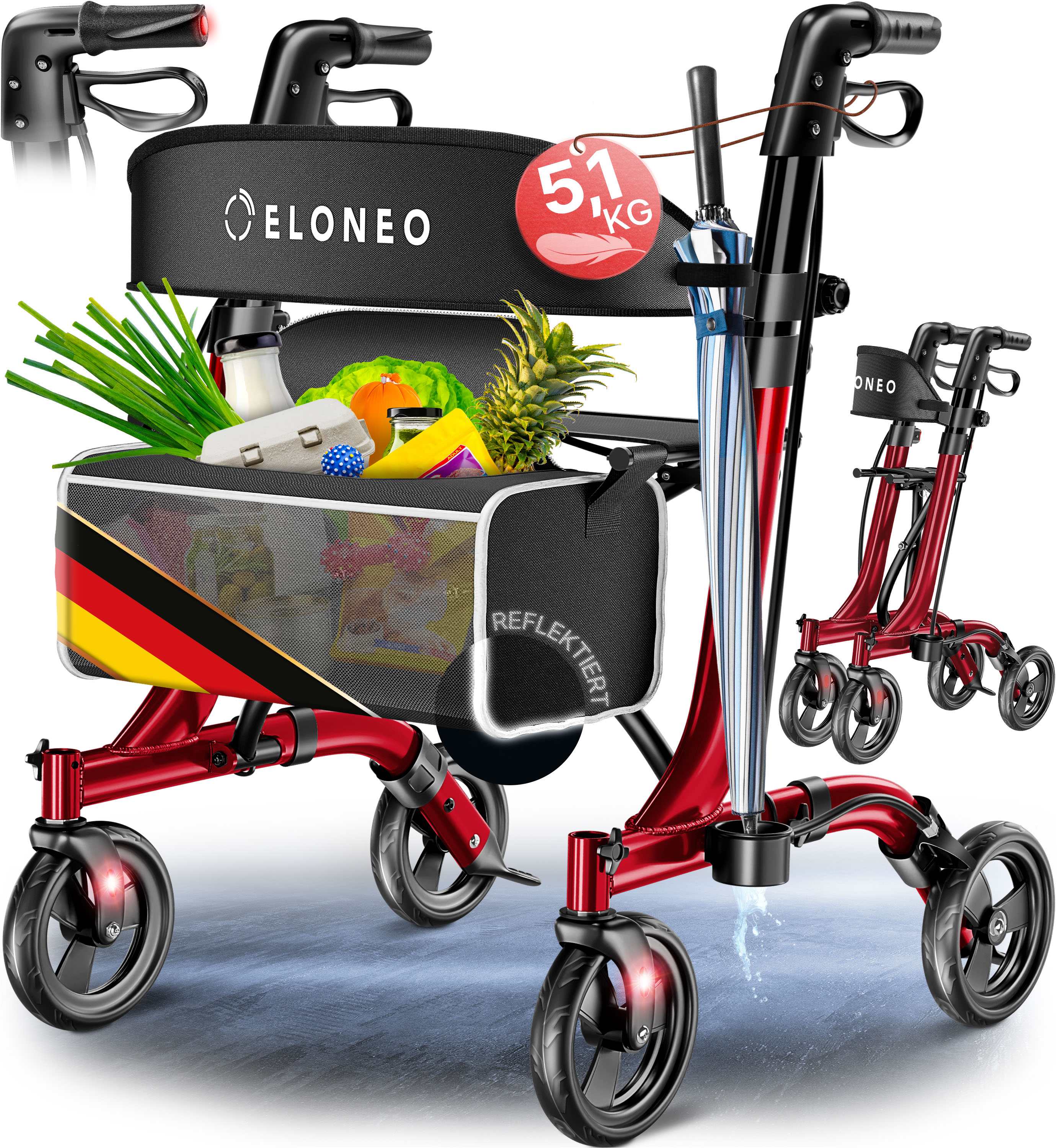 ELONEO Rollator faltbar und leicht mit Sitz - ultraleicht (5,1kg), Leichtgewicht-Reiserollator aus Aluminium, Gehhilfe h&ouml;henverstellbar und faltbar, Laufhilfe mit Tasche & Schirmhalter, Rot 