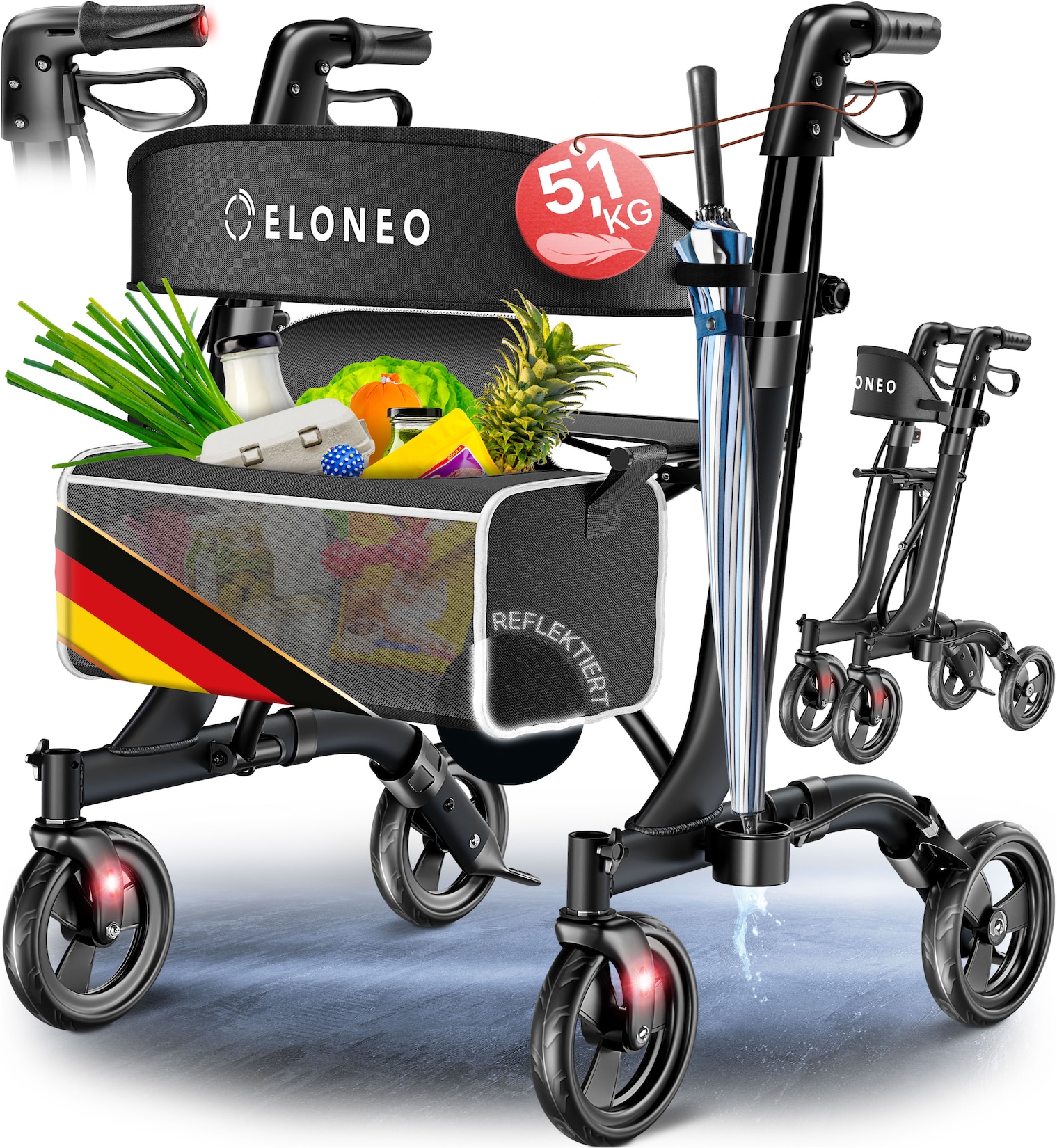 ELONEO Rollator faltbar und leicht mit Sitz - ultraleicht (5,1kg), Leichtgewicht-Reiserollator aus Aluminium, Gehhilfe höhenverstellbar und faltbar, Laufhilfe mit Tasche & Schirmhalter, schwarz