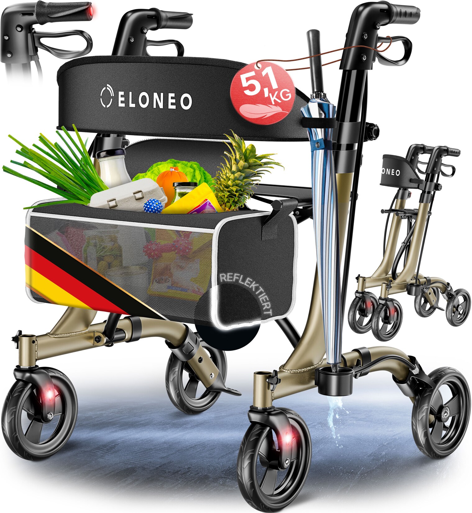 ELONEO Rollator faltbar und leicht mit Sitz - ultraleicht (5,1kg), Leichtgewicht-Reiserollator aus Aluminium, Gehhilfe höhenverstellbar und faltbar, Laufhilfe mit Tasche & Schirmhalter, champagner