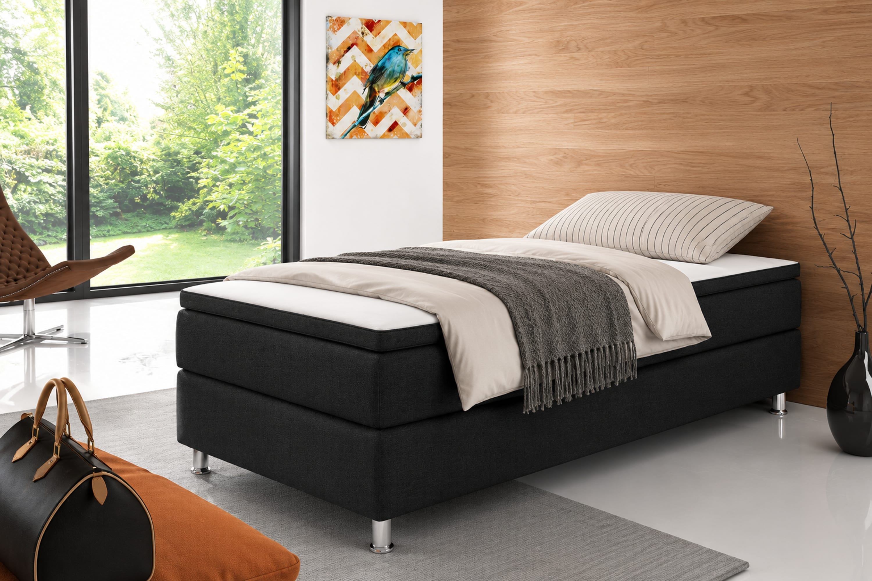 Box 90 cm mit 7 Zonen Taschenfederkernmatratze und Topper Webstoff Schwarz 
