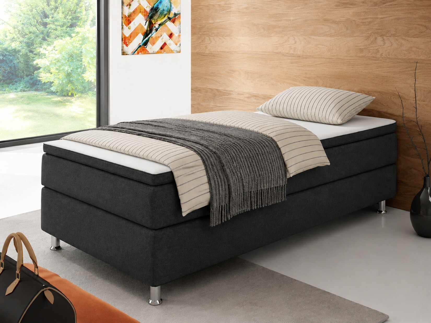 Box 90 cm mit 7 Zonen Taschenfederkernmatratze und Topper Webstoff Anthrazit