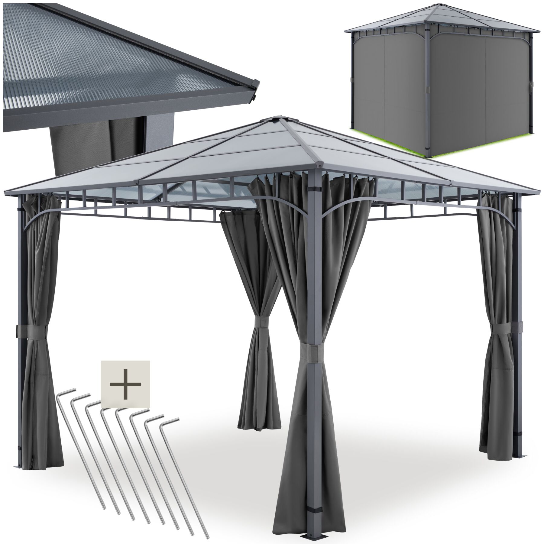 tectake&reg; Gartenpavillon, mit Aluminiumgestell, pulverbeschichtet, lichtdurchl&auml;ssiges Dach aus Polycarbonat-Platten, inklusive 8 Heringen 