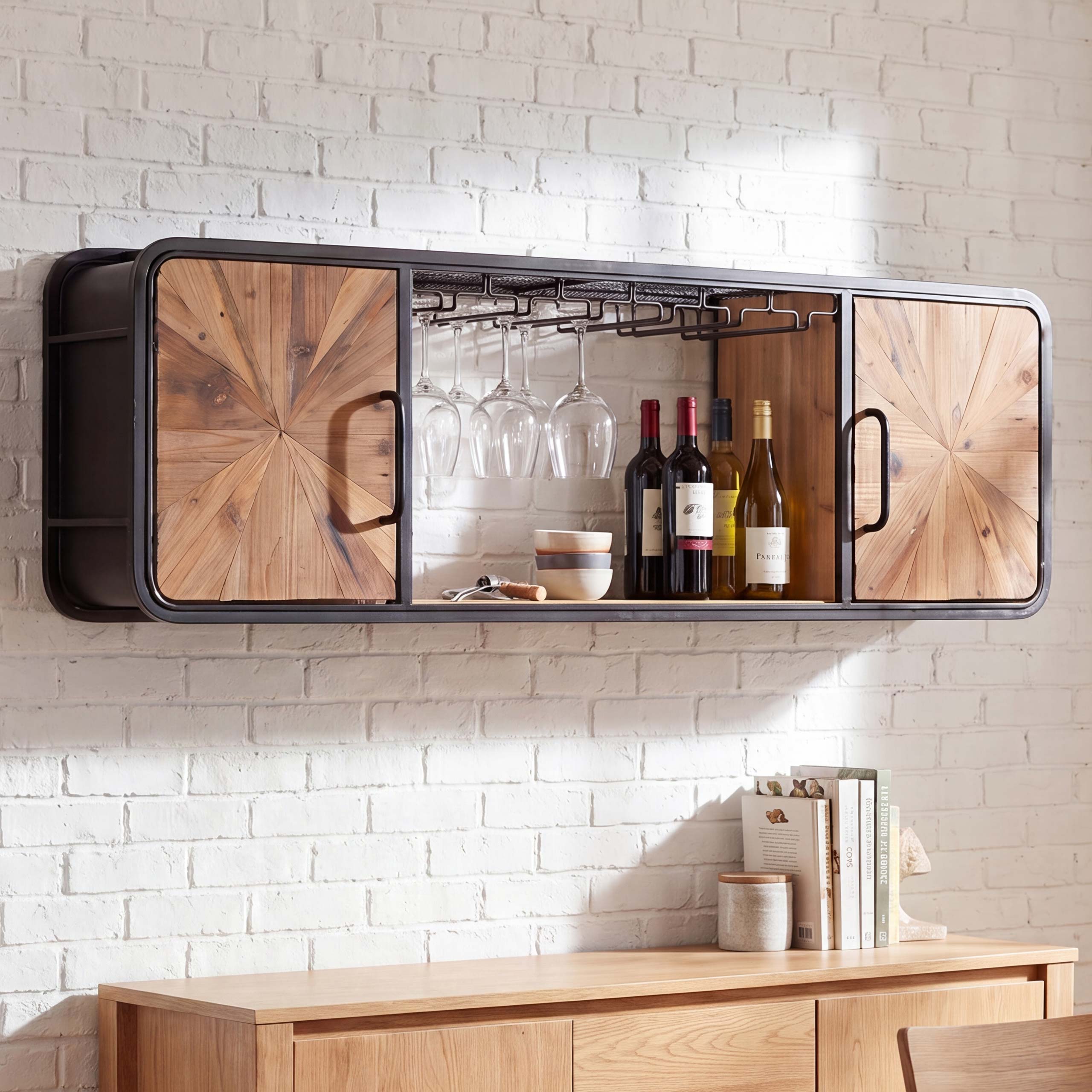 Weinregal MCW-Q82, Glas-/Flaschenhalter Wandregal Weinhalter, Metall Holz 39x120x23cm ~ braun, schwarz 