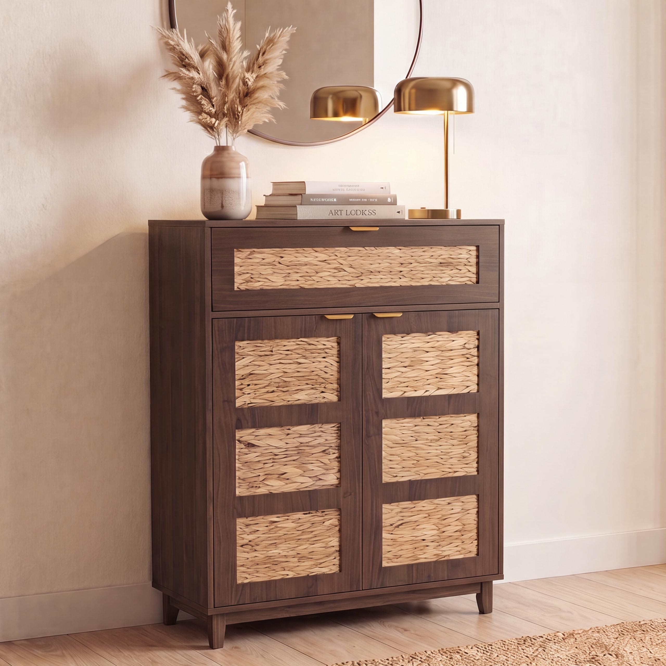 Kommode MCW-P54, Schrank Sideboard Highboard, MDF Melamin Wasserhyazinthefront 115x80x35cm ~ Walnuss-Optik 