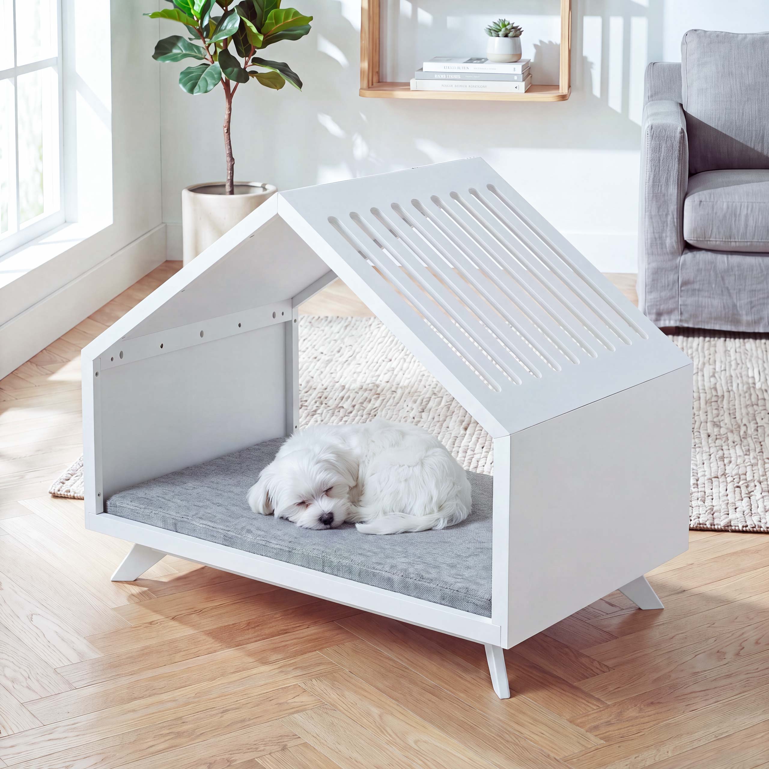 Schlafh&uuml;tte MCW-Q65, f&uuml;r Haustiere Katzen-/Hundebett Tierhaus Holz MVG 80x100x60cm ~ wei&szlig;, Kissen grau 