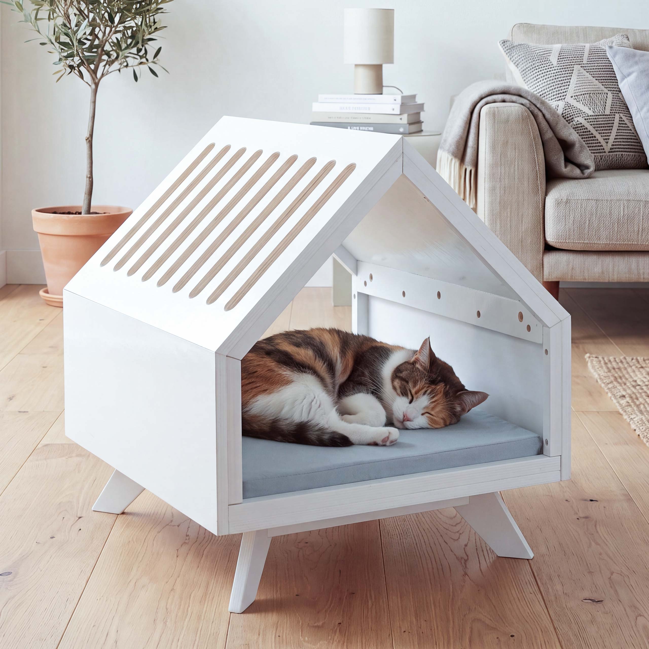 Schlafh&uuml;tte MCW-Q65, f&uuml;r Haustiere Katzen-/Hundebett Tierhaus Holz MVG 58x50x60cm ~ wei&szlig;, Kissen grau 