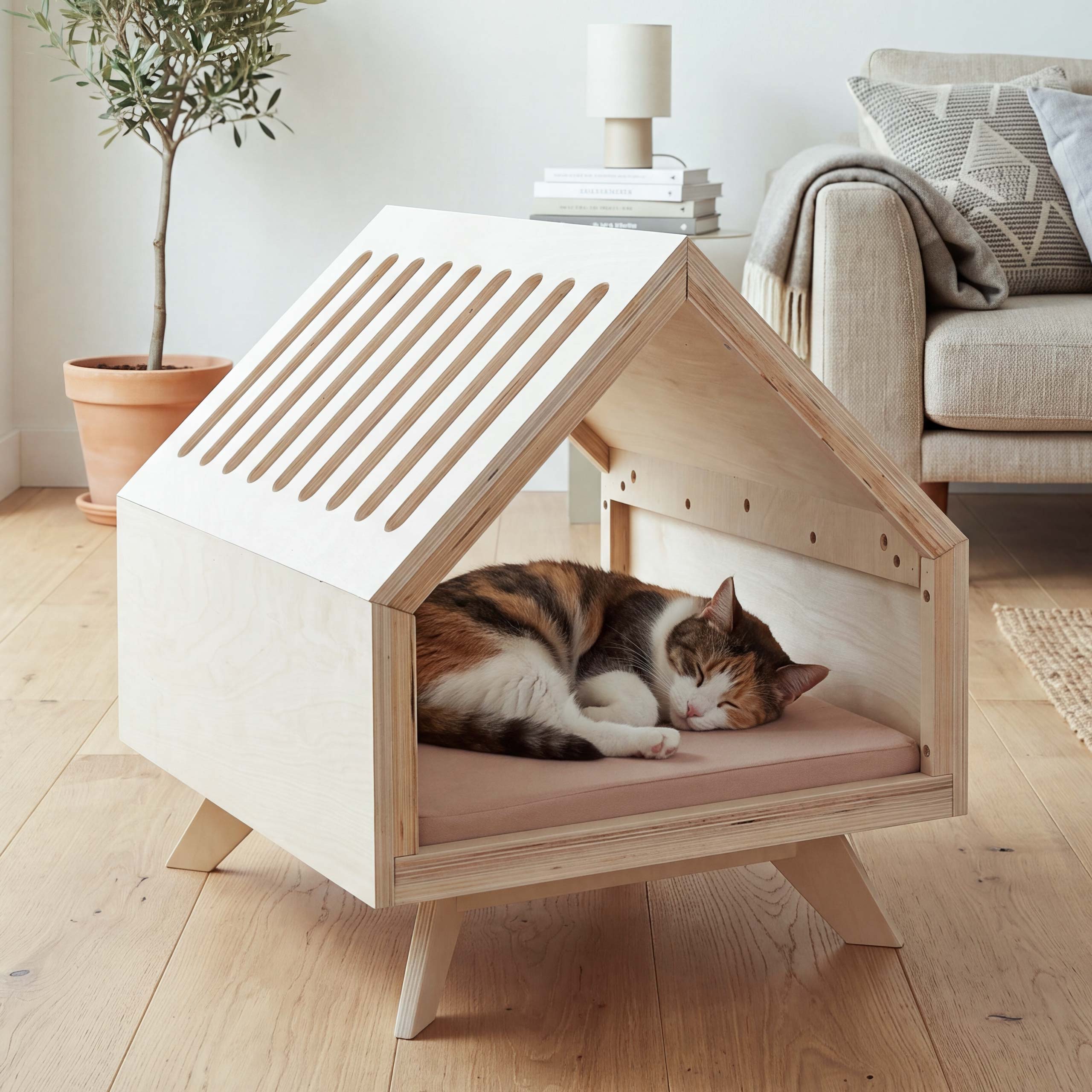 Schlafh&uuml;tte MCW-Q65, f&uuml;r Haustiere Katzen-/Hundebett Tierhaus Holz MVG 58x50x60cm ~ natur, Kissen beige 