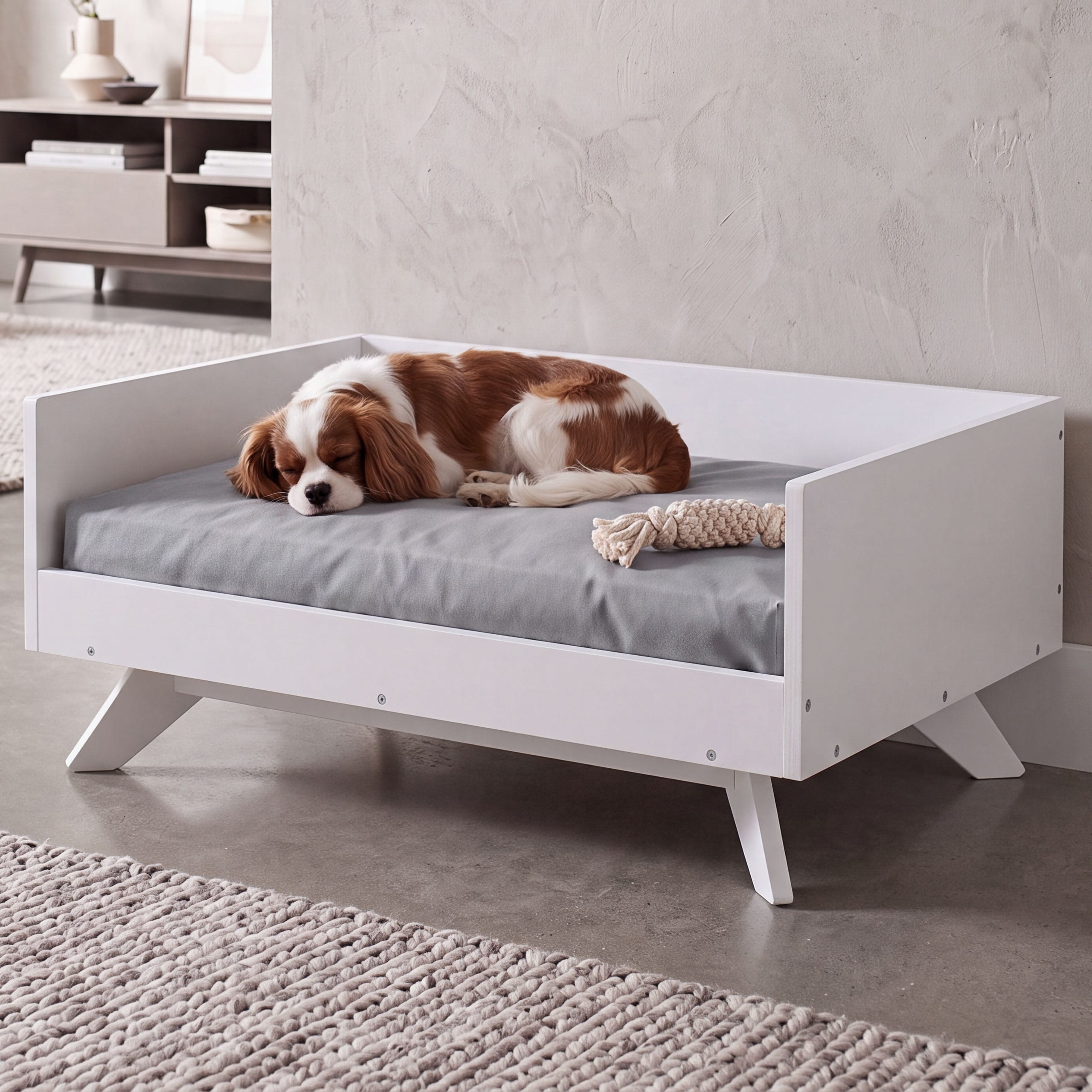 Tierbett MCW-Q64, Haustierbett Katzen-/Hundebett Tierk&ouml;rbchen Tierliege, Holz MVG 32x72x50cm ~ wei&szlig;, Kissen grau 