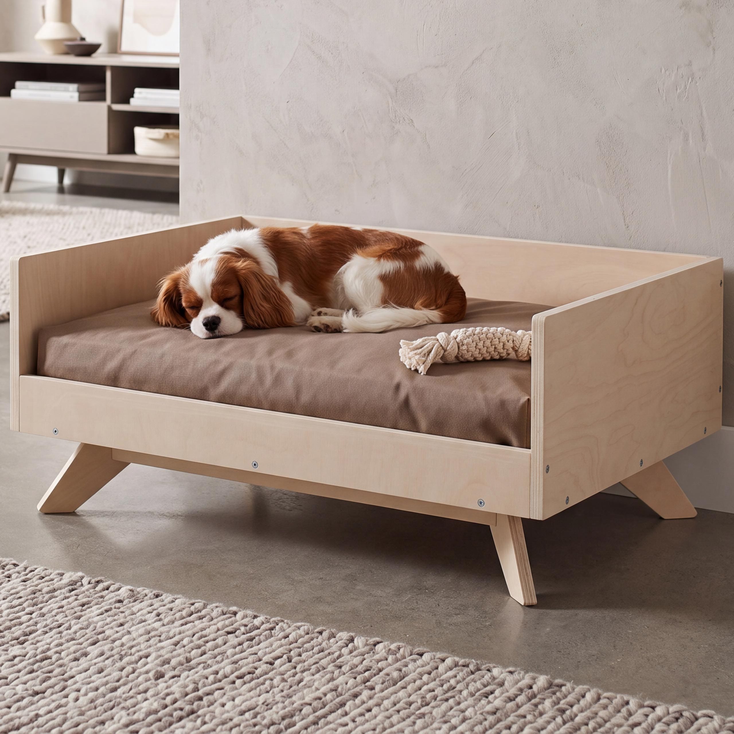 Tierbett MCW-Q64, Haustierbett Katzen-/Hundebett Tierk&ouml;rbchen Tierliege, Holz MVG 32x72x50cm ~ natur, Kissen beige 