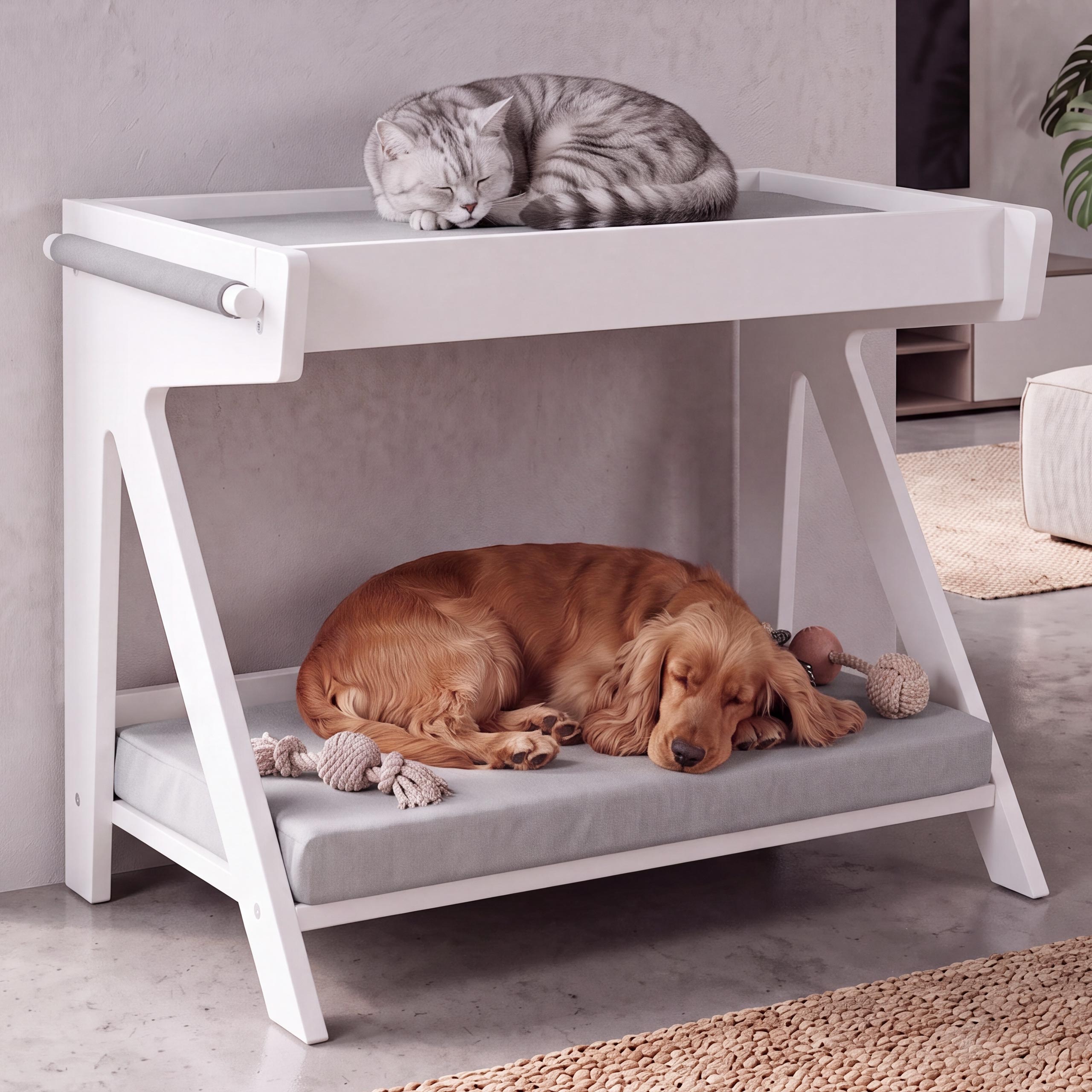 Tierbett MCW-Q63, f&uuml;r Haustiere Tierhaus Katzen-/Hundebett Haustierliege Holz MVG&nbsp;80x104x60cm ~ wei&szlig;, Kissen grau 