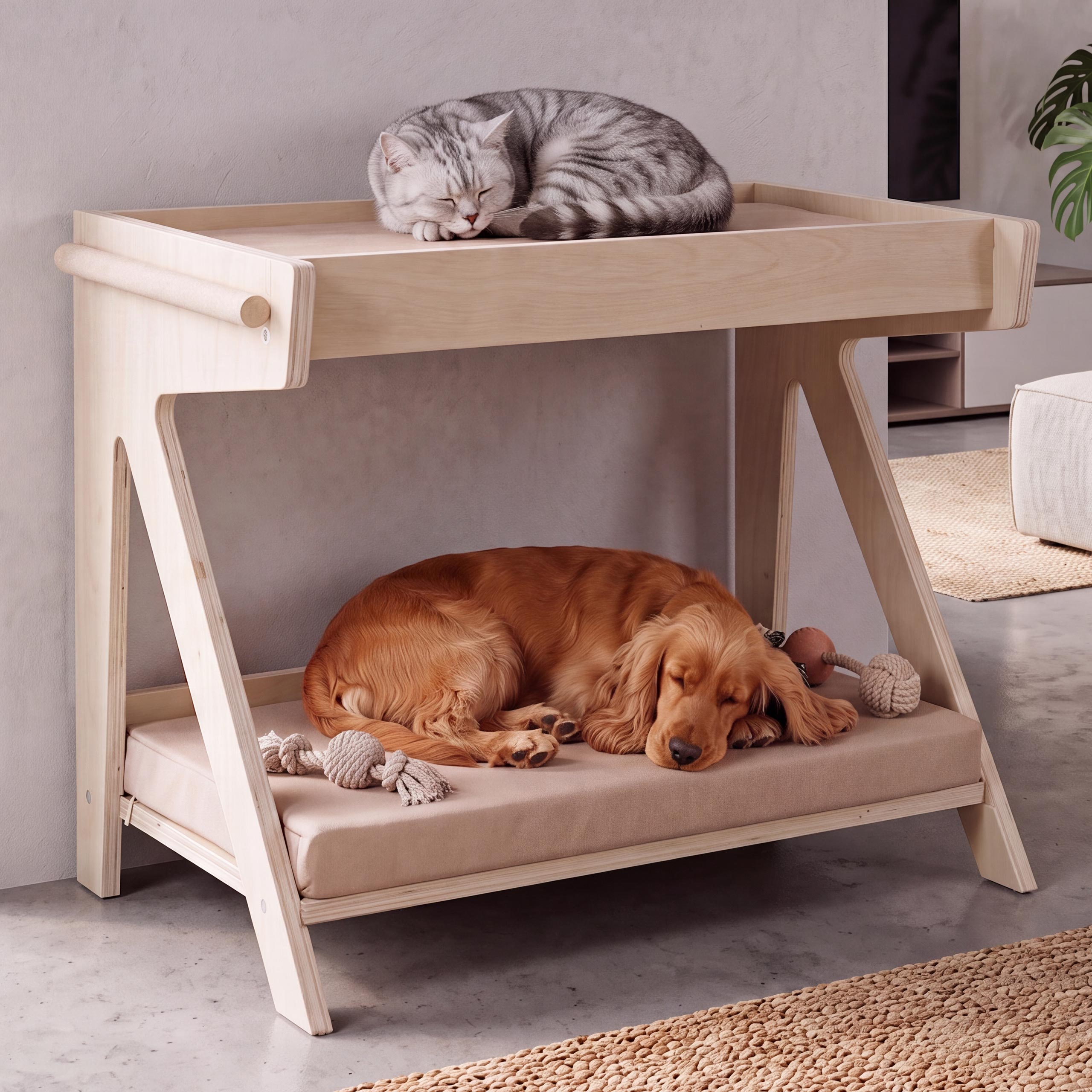 Tierbett MCW-Q63, f&uuml;r Haustiere Tierhaus Katzen-/Hundebett Haustierliege, Holz MVG&nbsp;80x104x60cm ~ natur, Kissen beige 