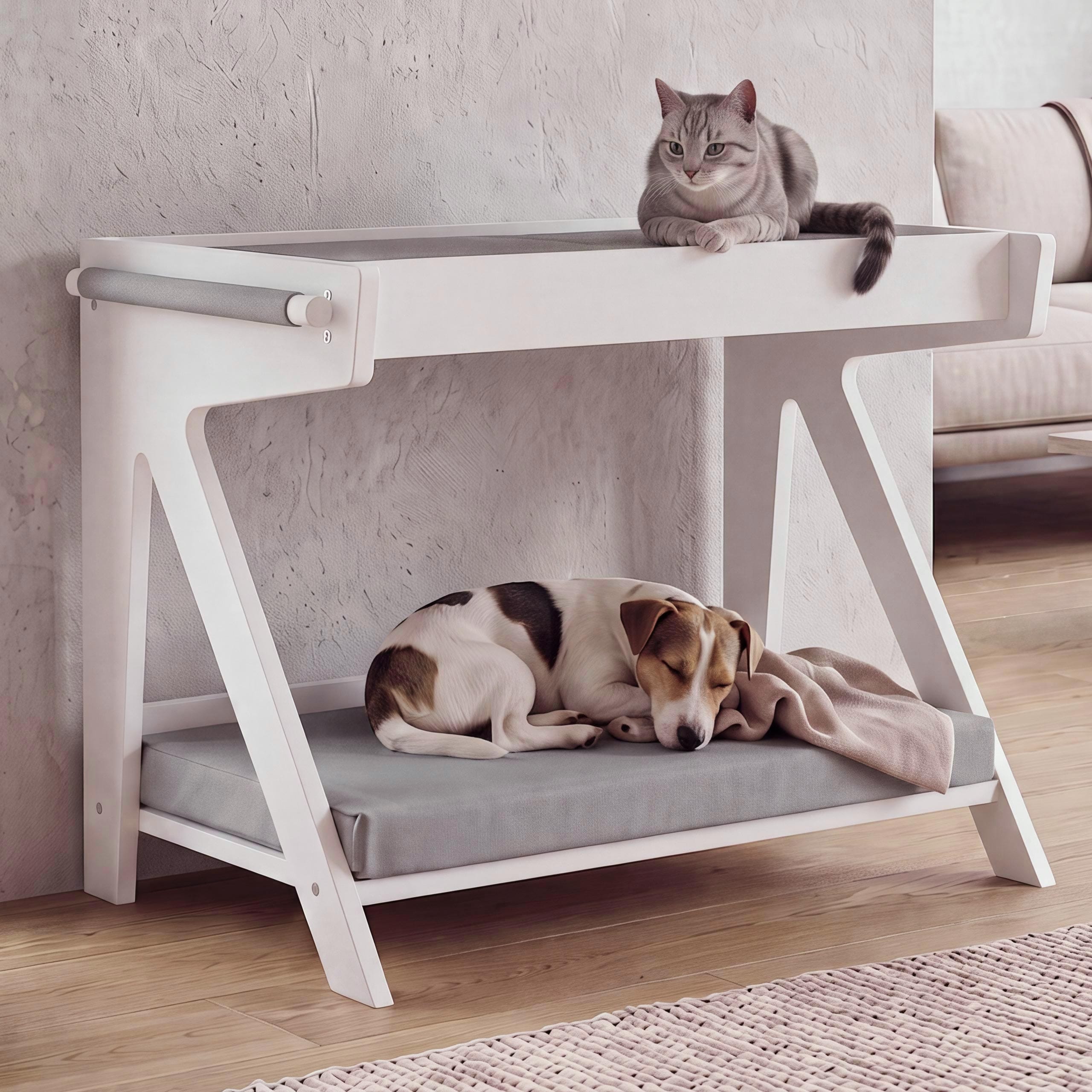 Tierbett MCW-Q63, f&uuml;r Haustiere Tierhaus Katzen-/Hundebett Haustierliege Holz MVG&nbsp;45x61x38cm ~ wei&szlig;, Kissen grau 