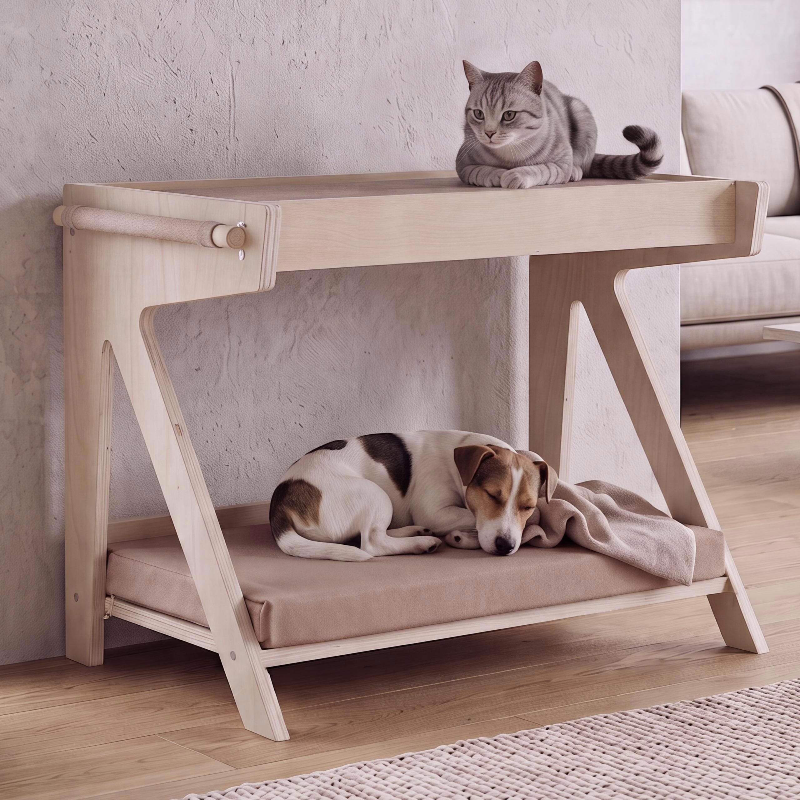 Tierbett MCW-Q63, f&uuml;r Haustiere Tierhaus Katzen-/Hundebett Haustierliege, Holz MVG&nbsp;45x61x38cm ~ natur, Kissen beige 