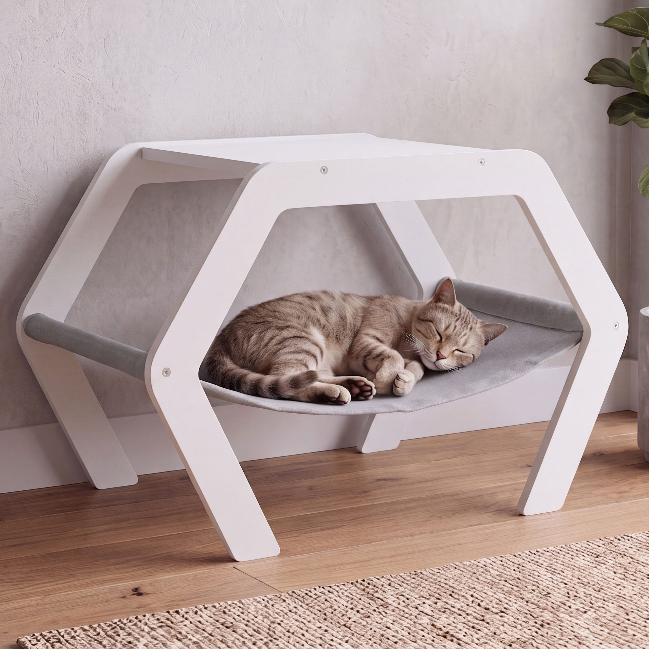 Katzenbett MCW-Q60, Plattform Haustierliege Katzenm&ouml;bel Ablage, Holz MVG 41x59x39cm ~ wei&szlig;, H&auml;ngematte grau 