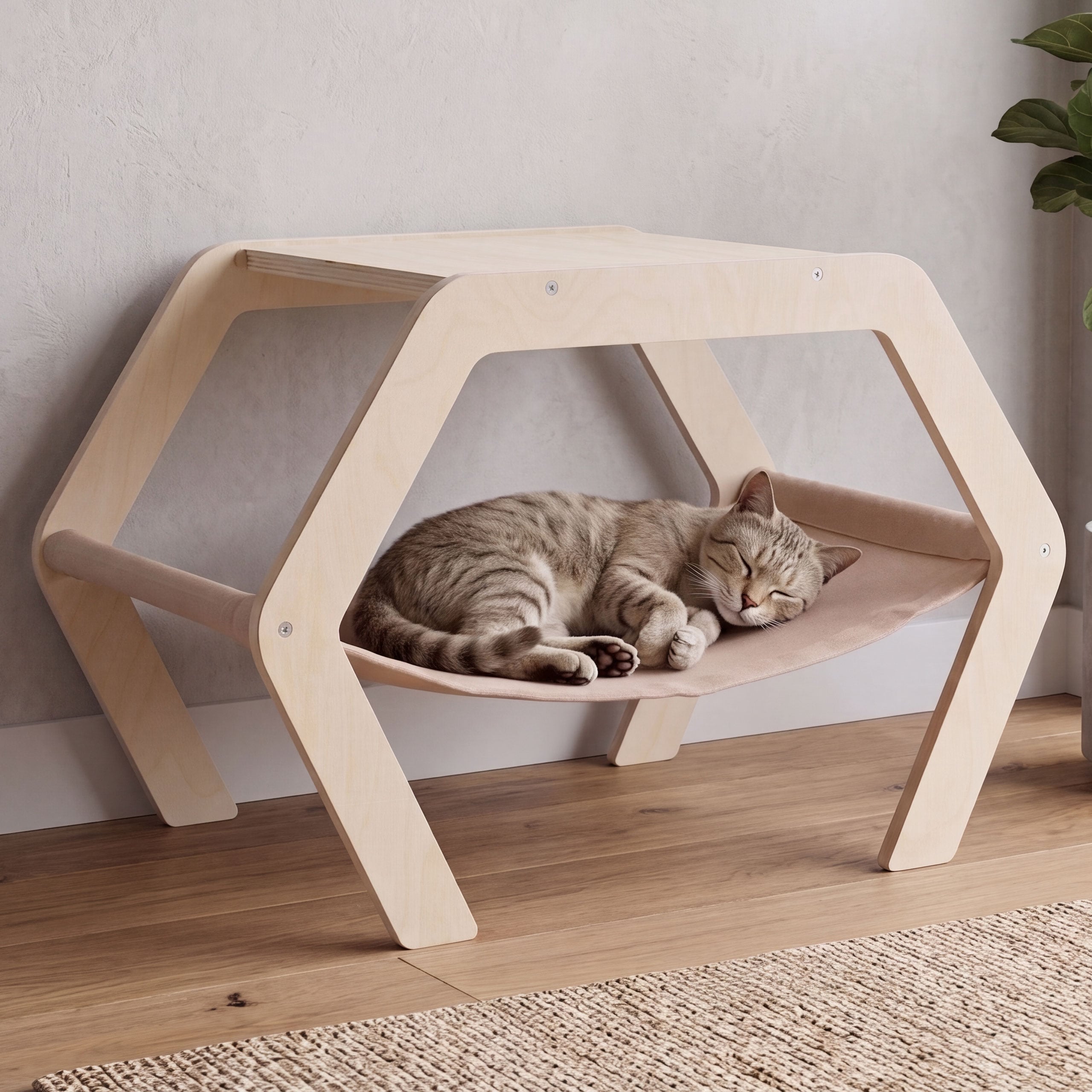 Katzenbett MCW-Q60, Plattform Haustierliege Katzenm&ouml;bel Ablage, Holz MVG 41x59x39cm ~ natur, H&auml;ngematte beige 