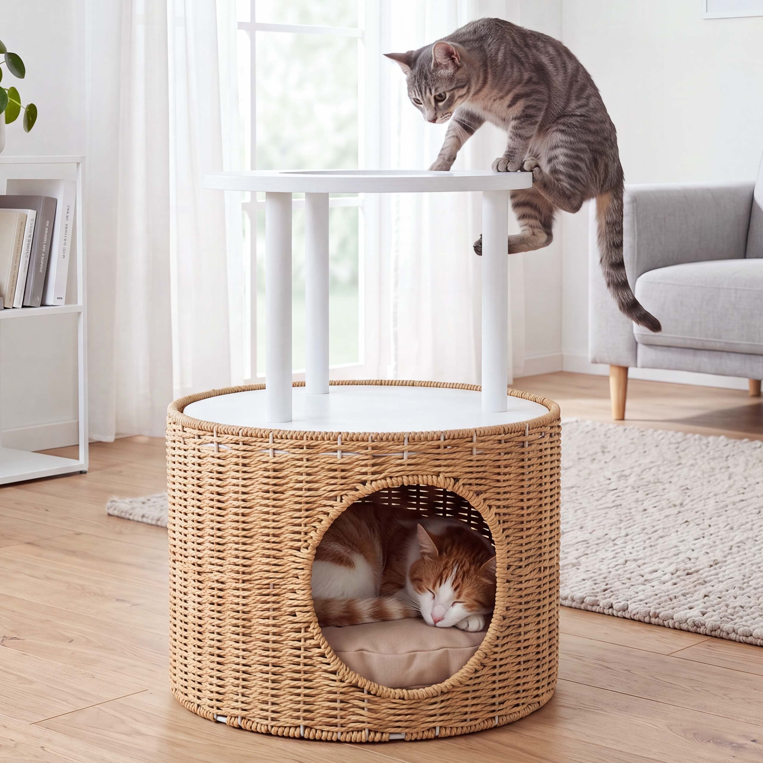 Katzenbett MCW-Q59, Katzenh&ouml;hle mit Kletterbereich Plattform Katzenkorb/-M&ouml;bel Holz MVG&nbsp;50x39x39cm ~ wei&szlig;, Kissen beige 
