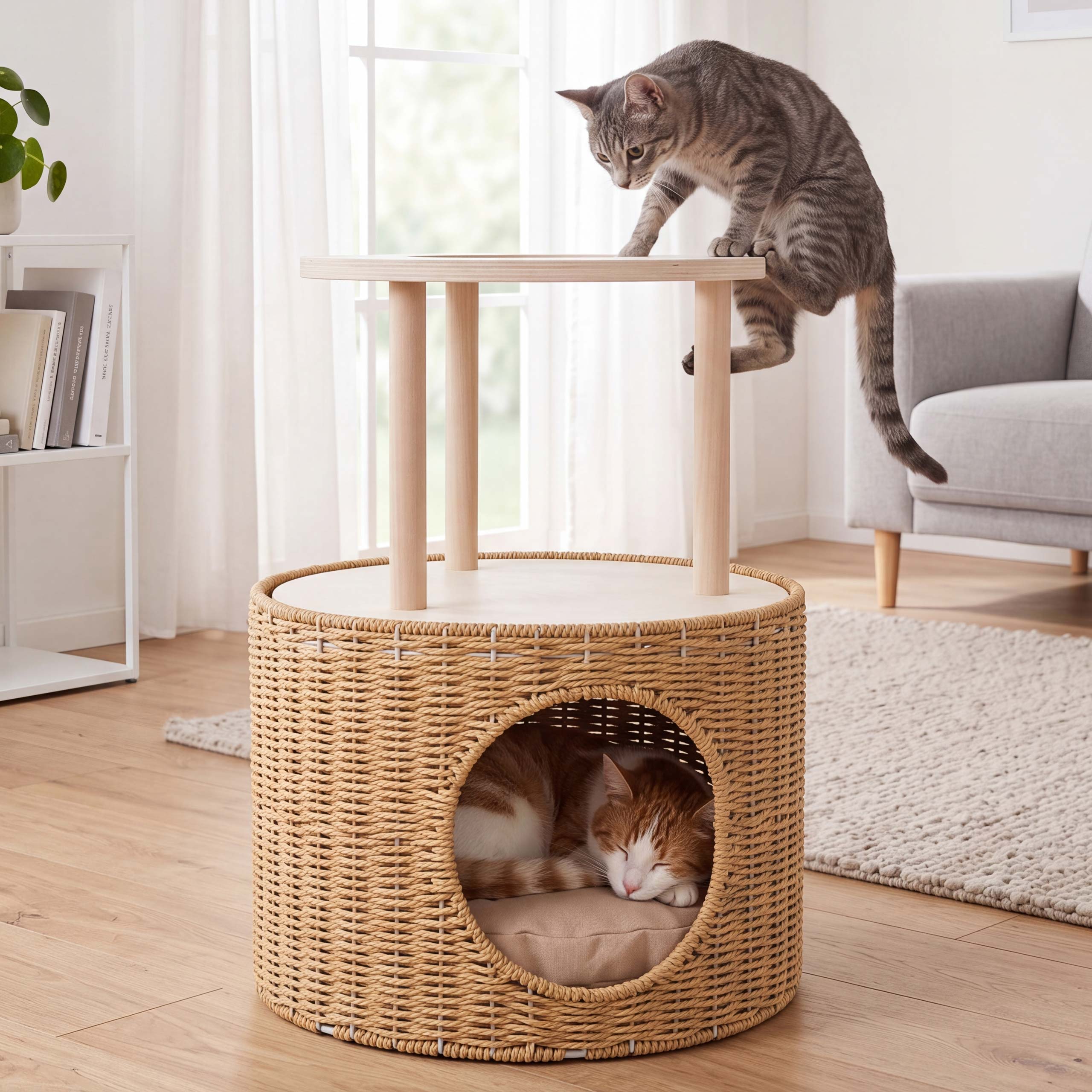 Katzenbett MCW-Q59, Katzenh&ouml;hle mit Kletterbereich Plattform Katzenkorb/-m&ouml;bel Holz MVG&nbsp;50x39x39cm ~ natur, Kissen beige 