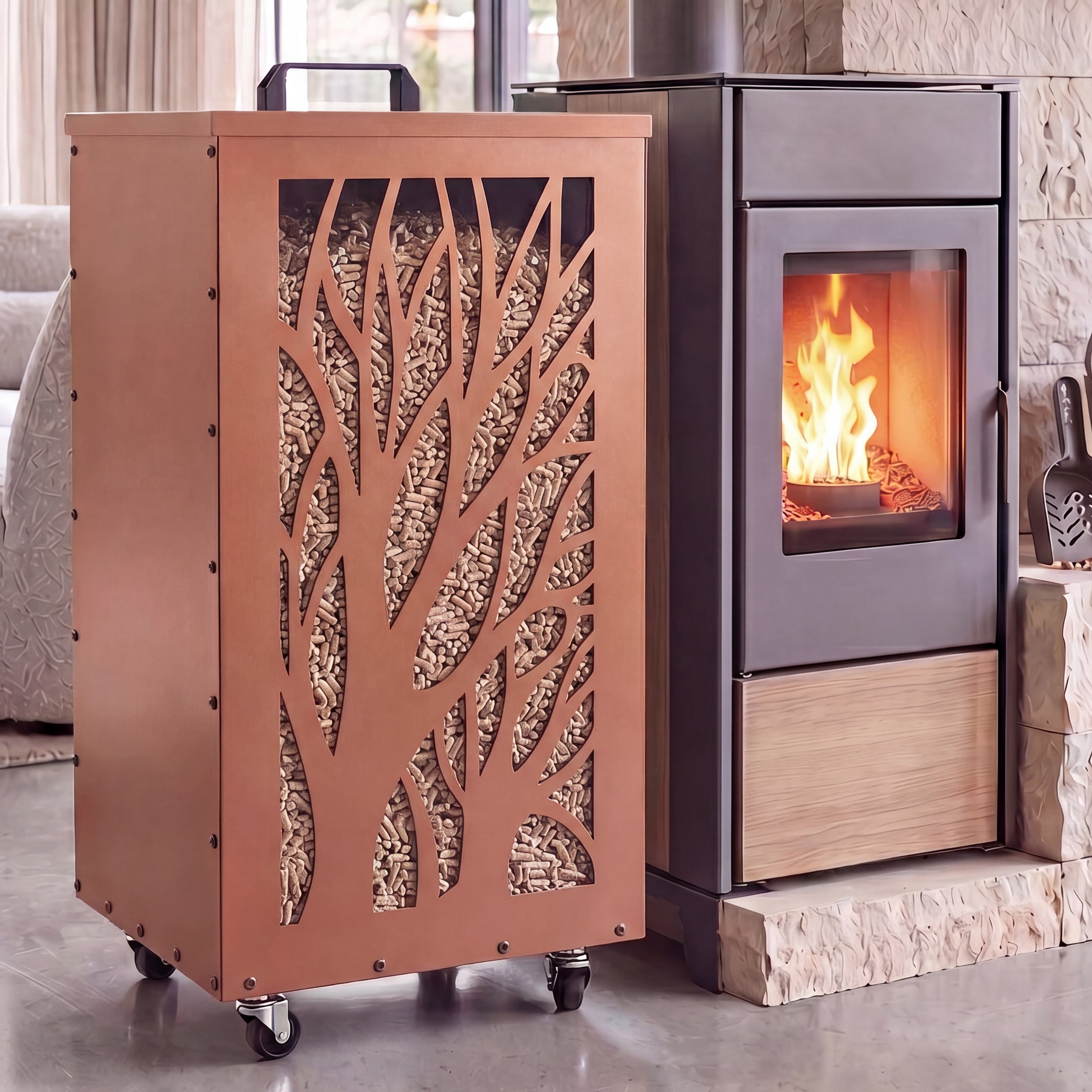 Pelletbeh&auml;lter MCW-Q30 B&auml;ume,&nbsp;Pelletbox Aufbewahrungsbox f&uuml;r z.B. Tierfutter, Rollen F&uuml;&szlig;e 86x36x36cm ~ kupferfarben 