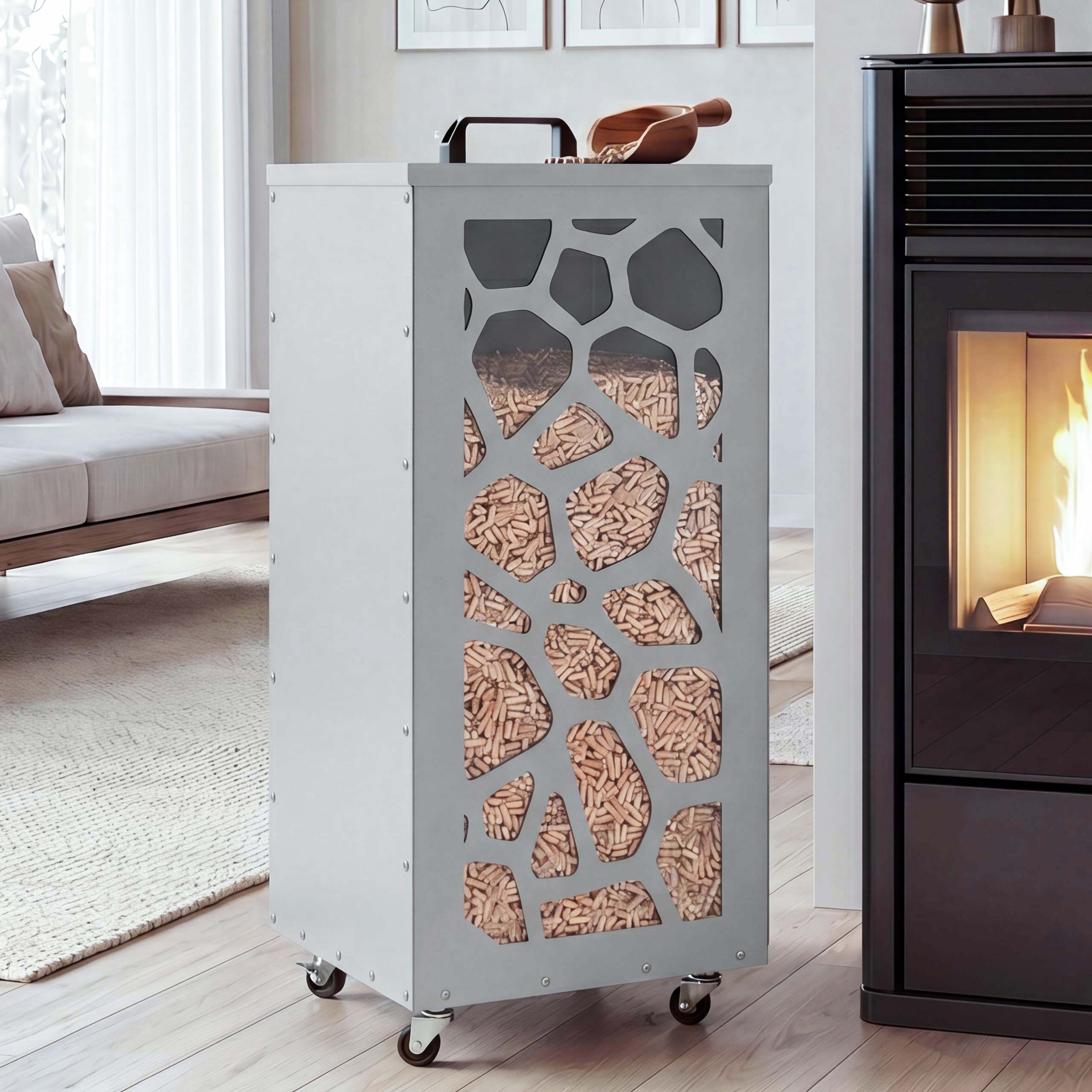 Pelletbeh&auml;lter MCW-Q30 Waben,&nbsp;Pelletbox Aufbewahrungsbox f&uuml;r z.B. Tierfutter, Rollen F&uuml;&szlig;e 86x37x37cm ~ wei&szlig;-hellgrau 
