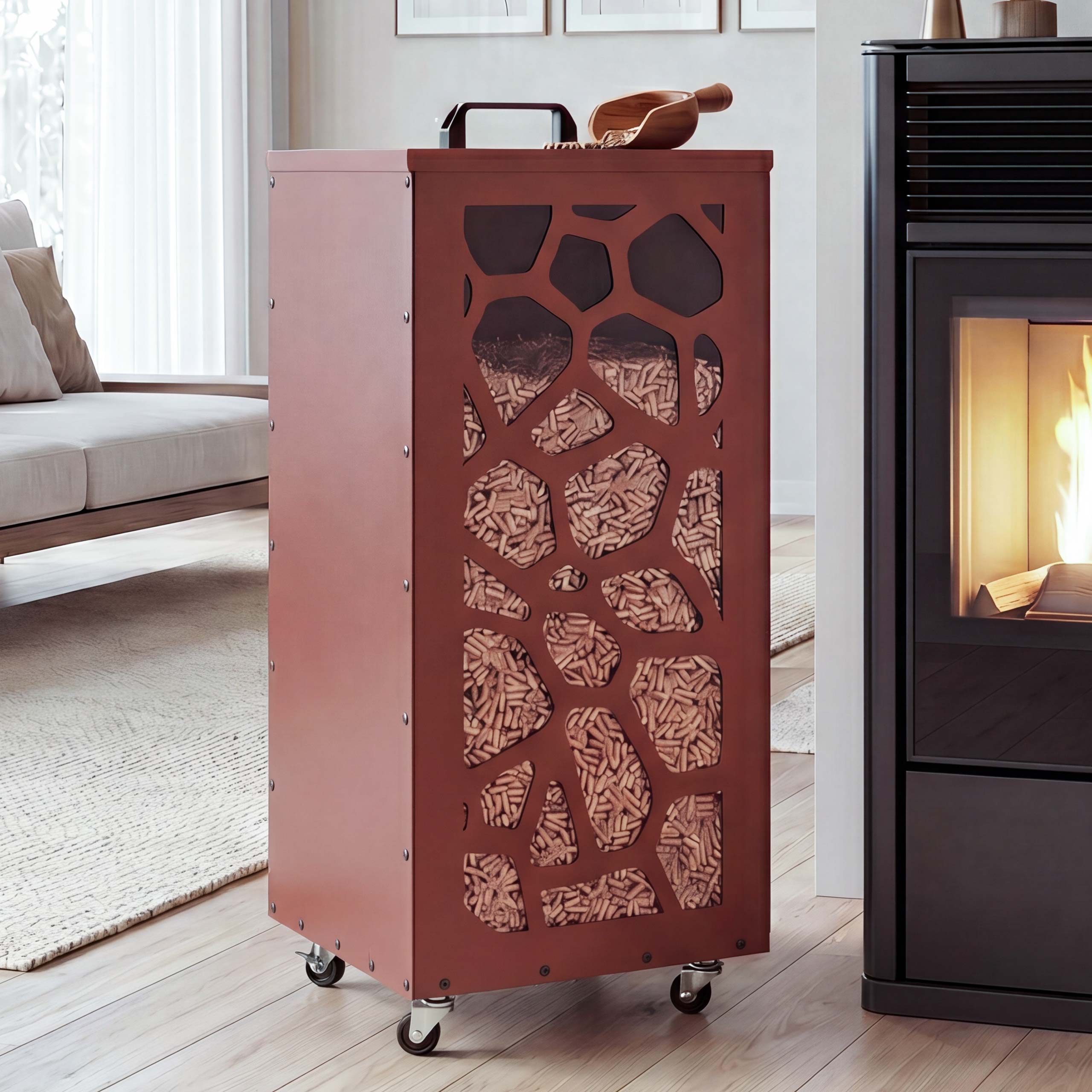 Pelletbeh&auml;lter MCW-Q30 Waben,&nbsp;Pelletbox Aufbewahrungsbox f&uuml;r z.B. Tierfutter, Rollen F&uuml;&szlig;e 86x37x37cm ~ kupferfarben 