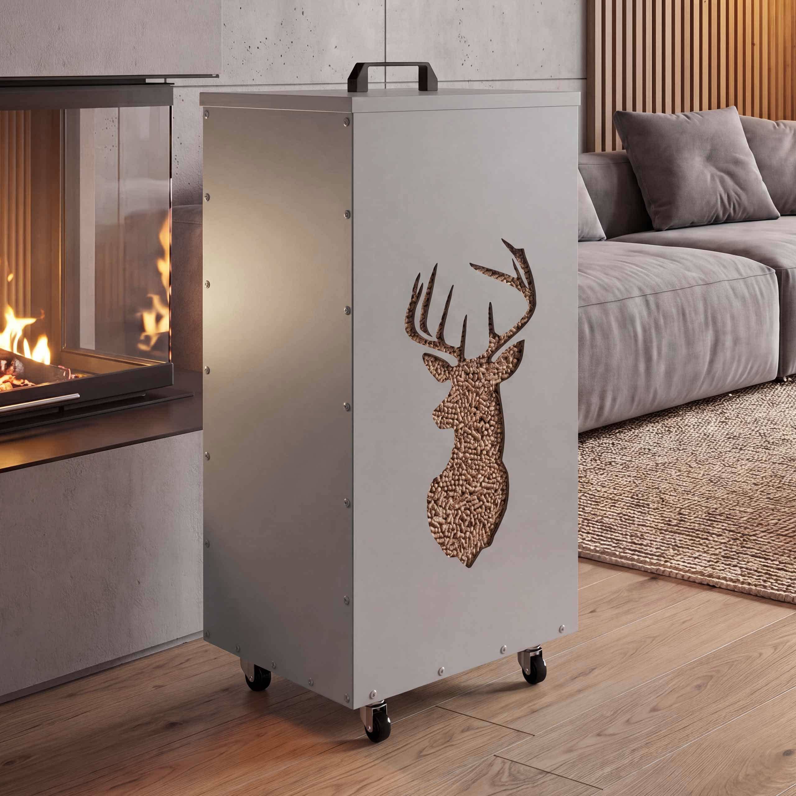 Pelletbeh&auml;lter MCW-Q30 Hirsch,&nbsp;Pelletbox Aufbewahrungsbox f&uuml;r z.B. Tierfutter, Rollen F&uuml;&szlig;e 86x37x37cm ~ wei&szlig;-hellgrau 