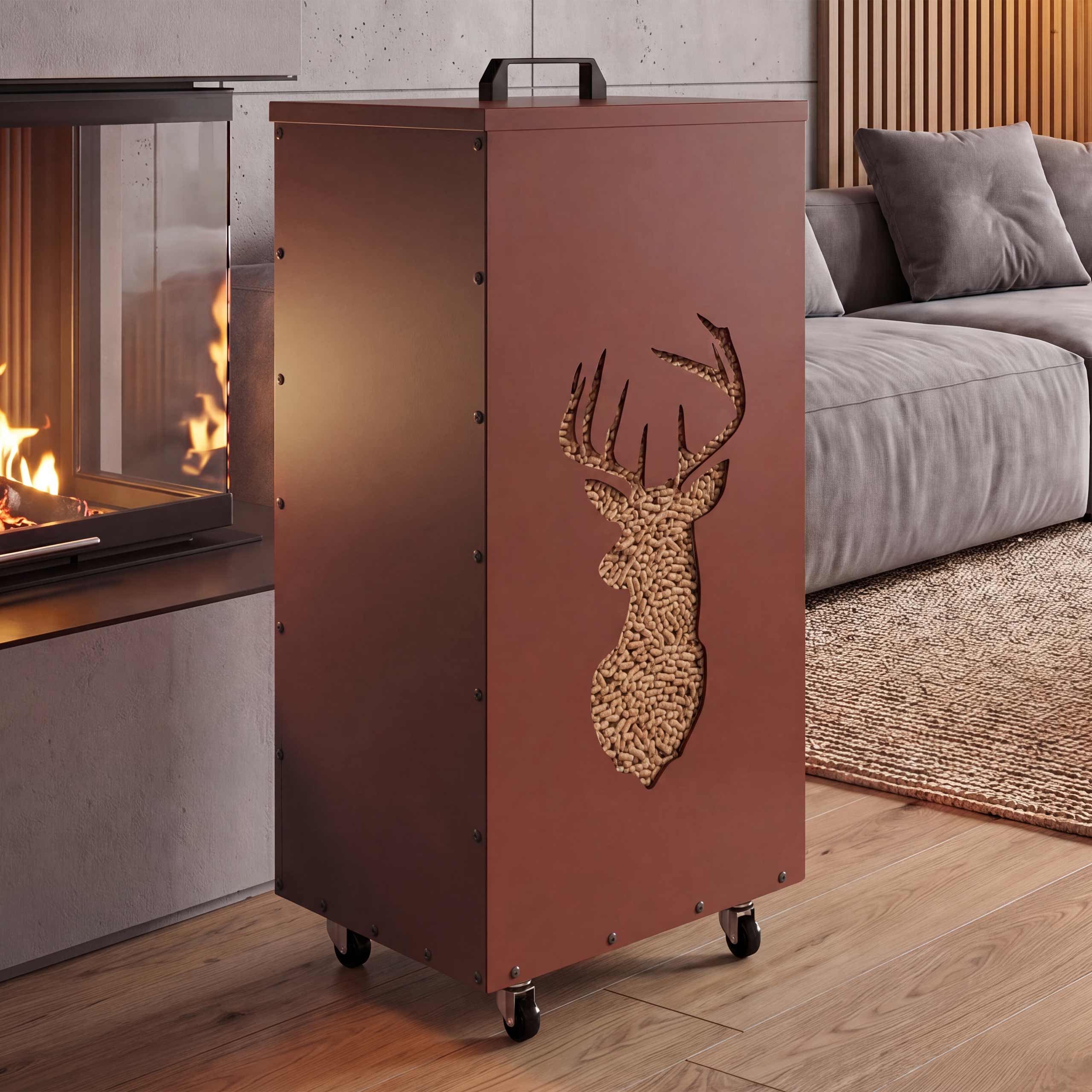 Pelletbeh&auml;lter MCW-Q30 Hirsch,&nbsp;Pelletbox Aufbewahrungsbox f&uuml;r z.B. Tierfutter, Rollen F&uuml;&szlig;e 86x37x37cm ~ kupferfarben 