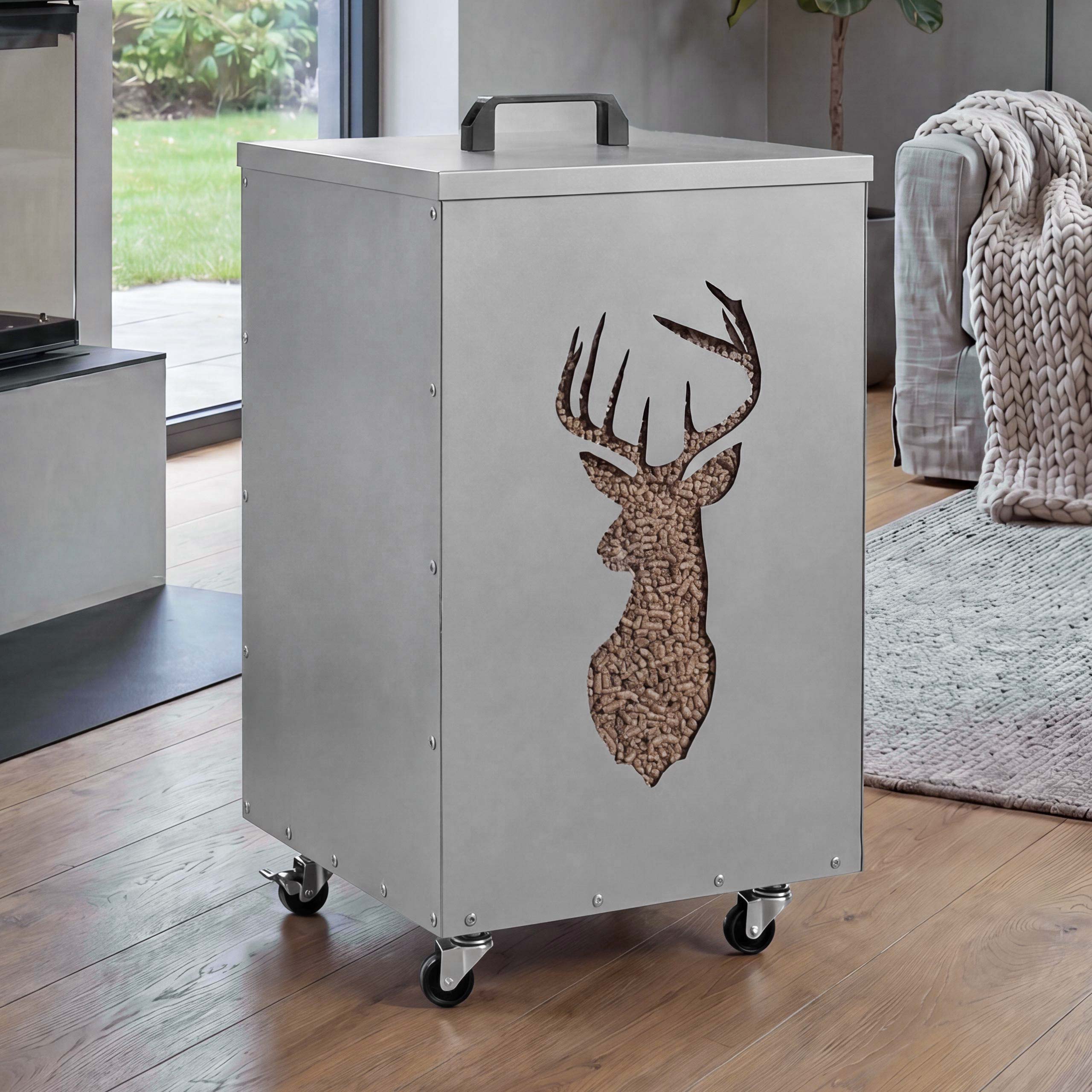 Pelletbeh&auml;lter MCW-Q30 Hirsch, Pelletbox Aufbewahrungsbox f&uuml;r z.B. Tierfutter, Rollen F&uuml;&szlig;e 65x36x36cm ~ wei&szlig;-hellgrau 