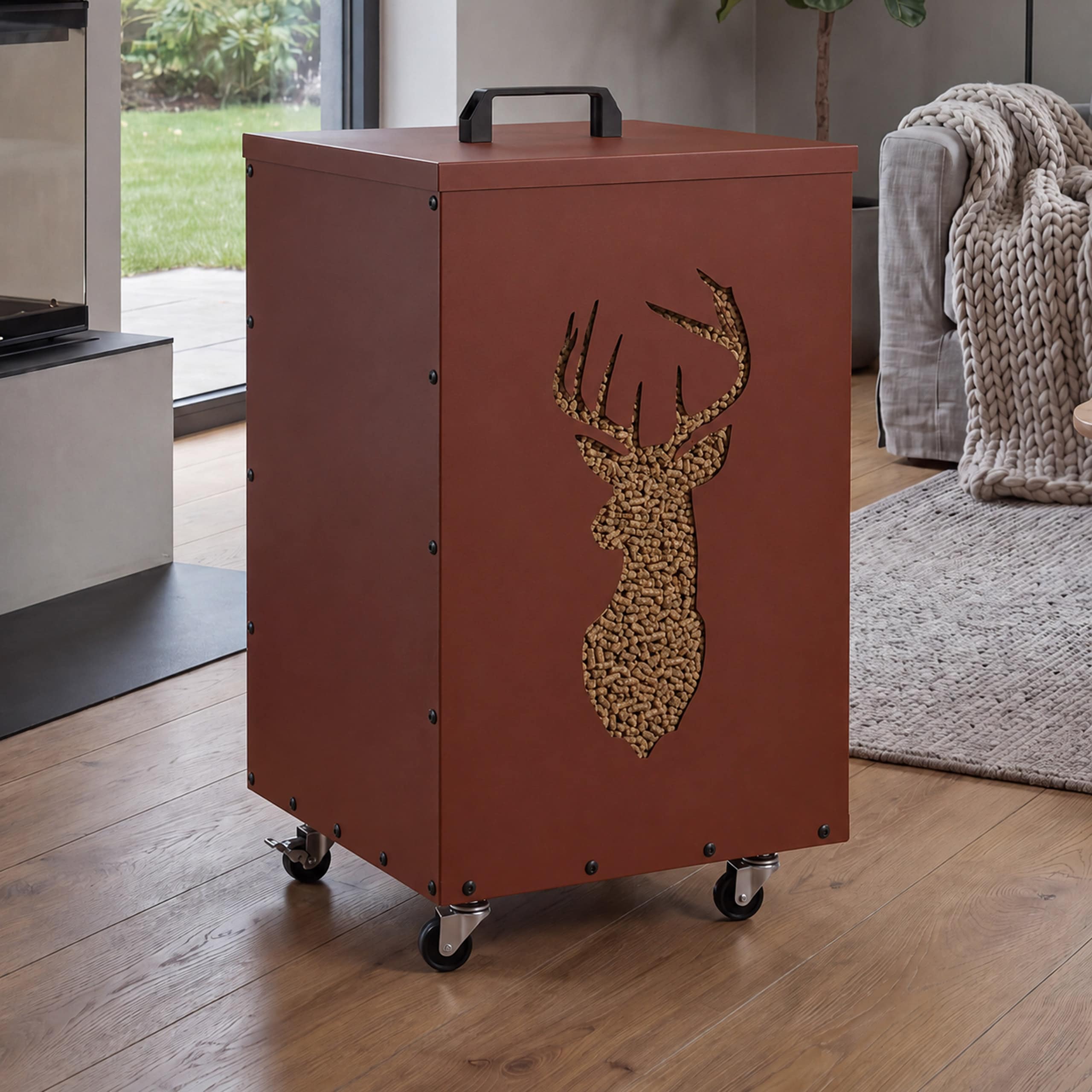 Pelletbeh&auml;lter MCW-Q30 Hirsch, Pelletbox Aufbewahrungsbox f&uuml;r z.B. Tierfutter, Rollen F&uuml;&szlig;e 65x36x36cm ~ kupferfarben 