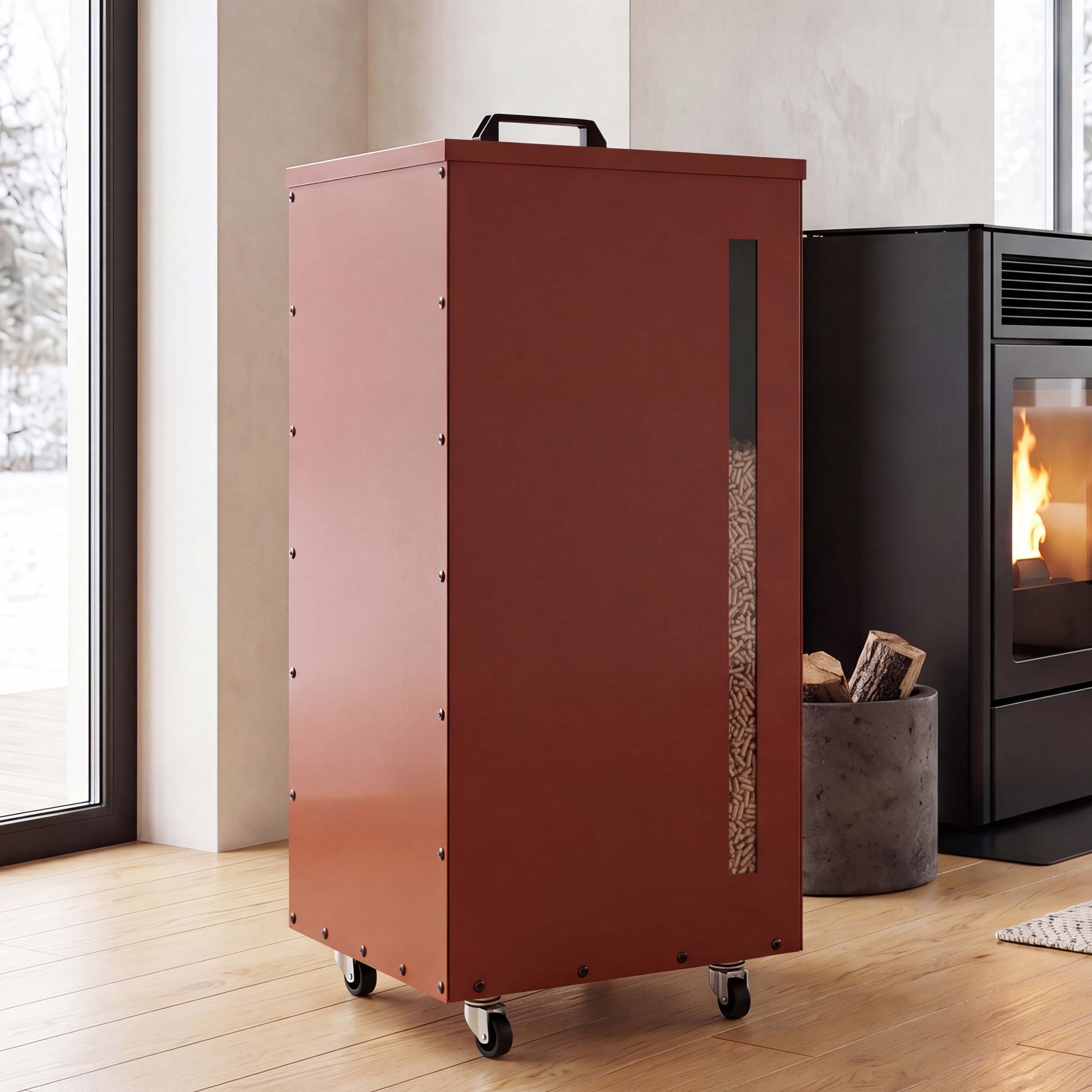 Pelletbeh&auml;lter MCW-Q30, Pelletbox, Aufbewahrungsbox f&uuml;r z.B. Tierfutter, Sichtfenster Rollen 86x36x36cm ~ kupferfarben 