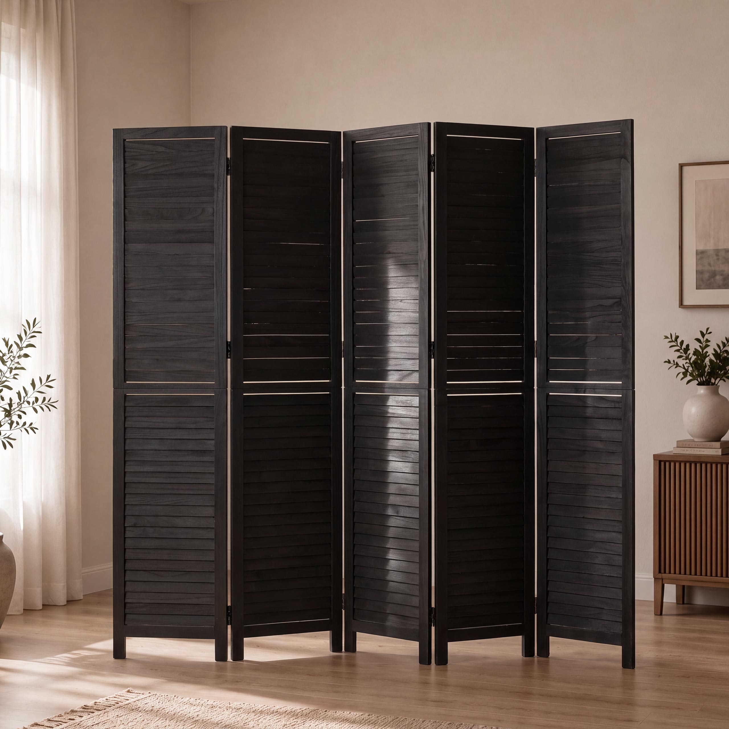 Paravent MCW-C30b, Raumteiler Trennwand Sichtschutz, Vintage Paulownia Holz 180x200cm ~ schwarz 