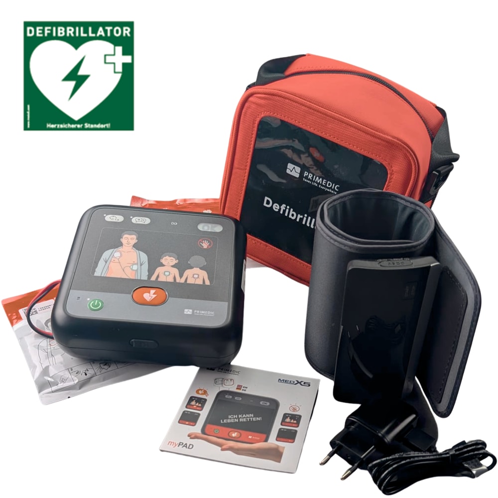 Metrax myPAD-M MedX5 Heimdefibrillator-Set f&uuml;r Senioren und Familien inkl. Bluetooth-Oberarm-Blutdruckmessger&auml;t. Farbe: Schwarz/Grau, alternative Farbausf&uuml;hrung je nach Verf&uuml;gbarkeit m&ouml;glich 