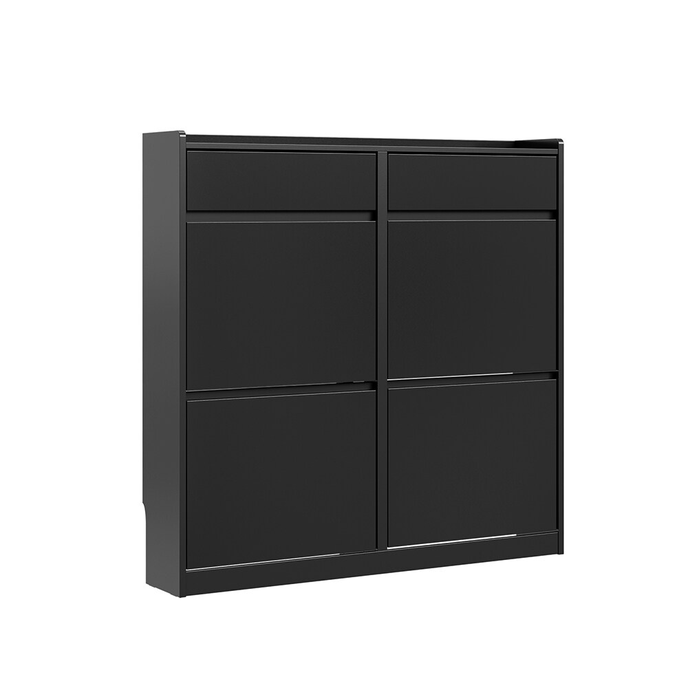 SoBuy | Meuble à chaussures noir avec 2 tiroirs | Armoire à chaussures à portes battantes | Rangement pour chaussures en MDF | 98×19×95 cm | Capacité de charge 39 kg | FSR169-SCH
