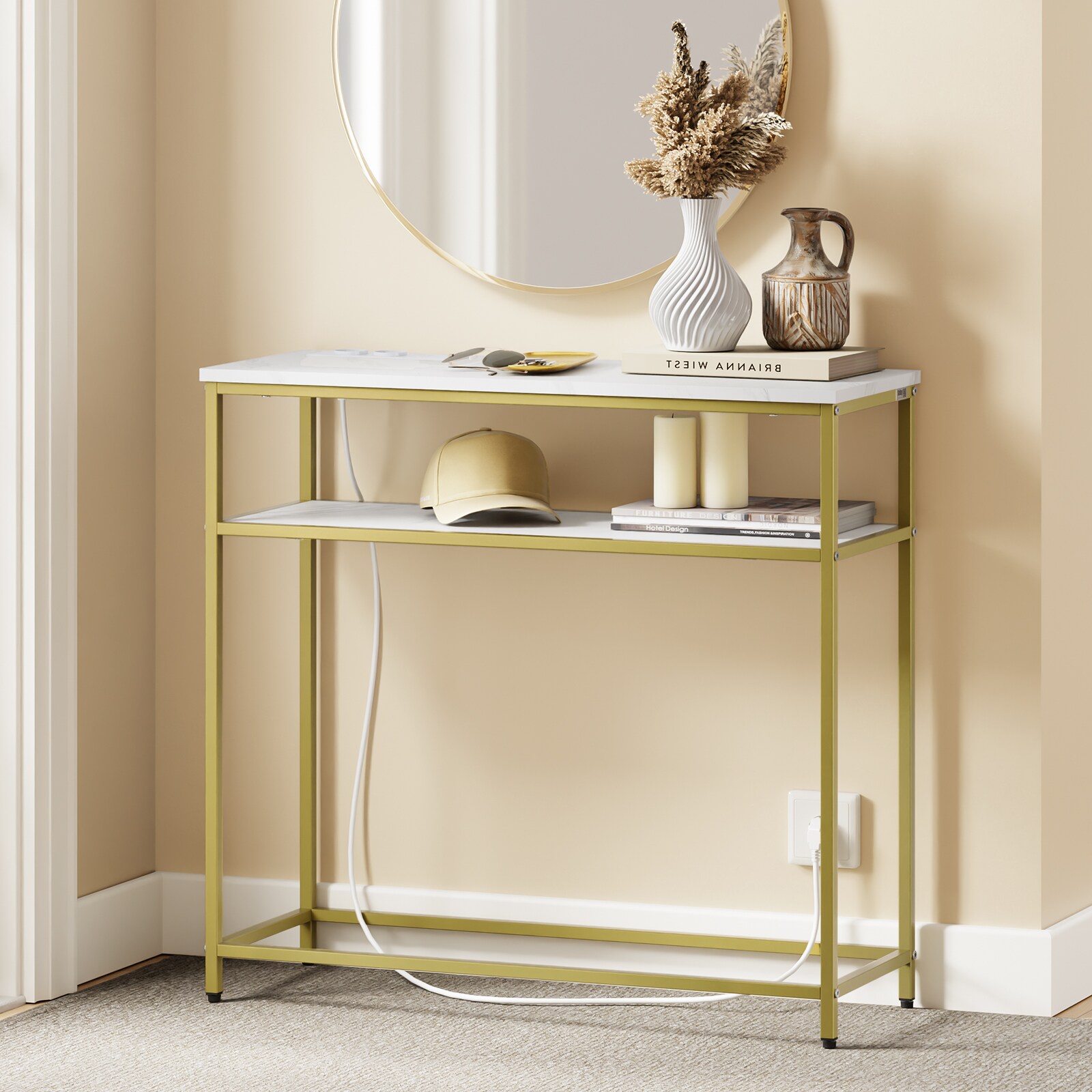 SoBuy Konsolentisch F&uuml;r Flur Mit 2 Regalen Gold 80x30x75cm Modern 