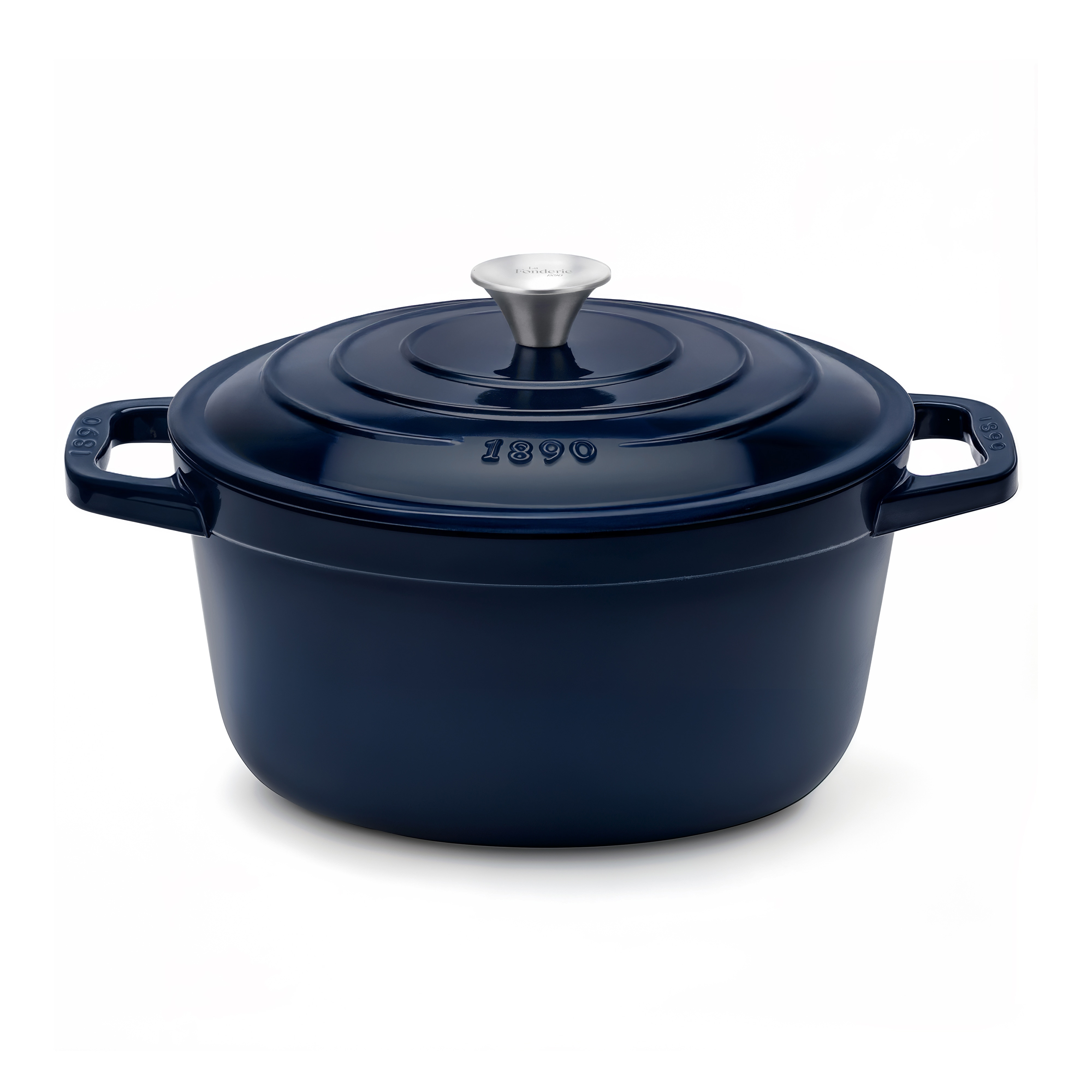 La Fonderie 1890 Runder Schmortopf ALMA22 aus emailliertem Gusseisen 22 cm, Fassungsverm&ouml;gen 3,3 L, Marineblau 