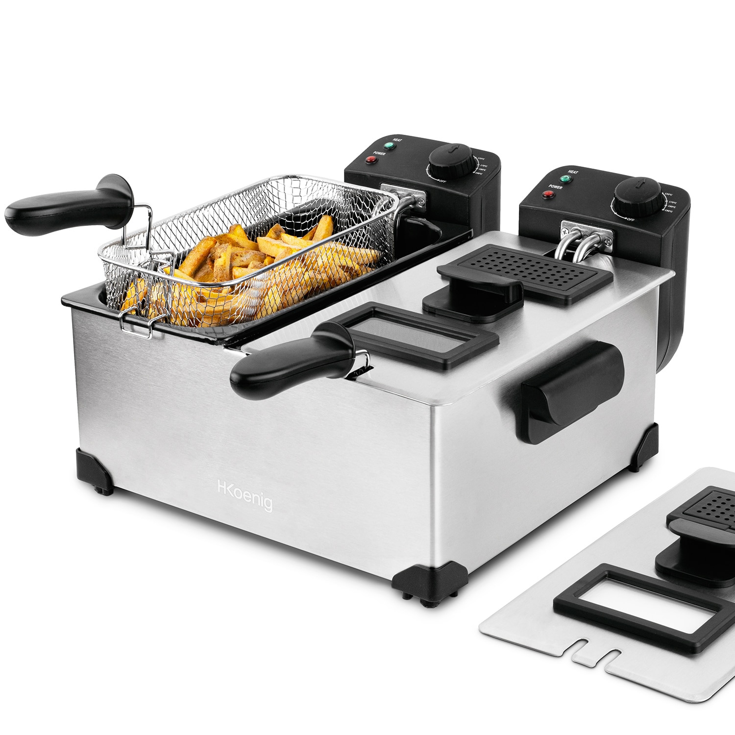 H.Koenig DFX600 Fritteuse aus Edelstahl, Doppelbecken, 2 unabh&auml;ngige Thermostate je 3L, herausnehmbare sp&uuml;lmaschinenfeste K&ouml;rbe, Geruchsfilter 