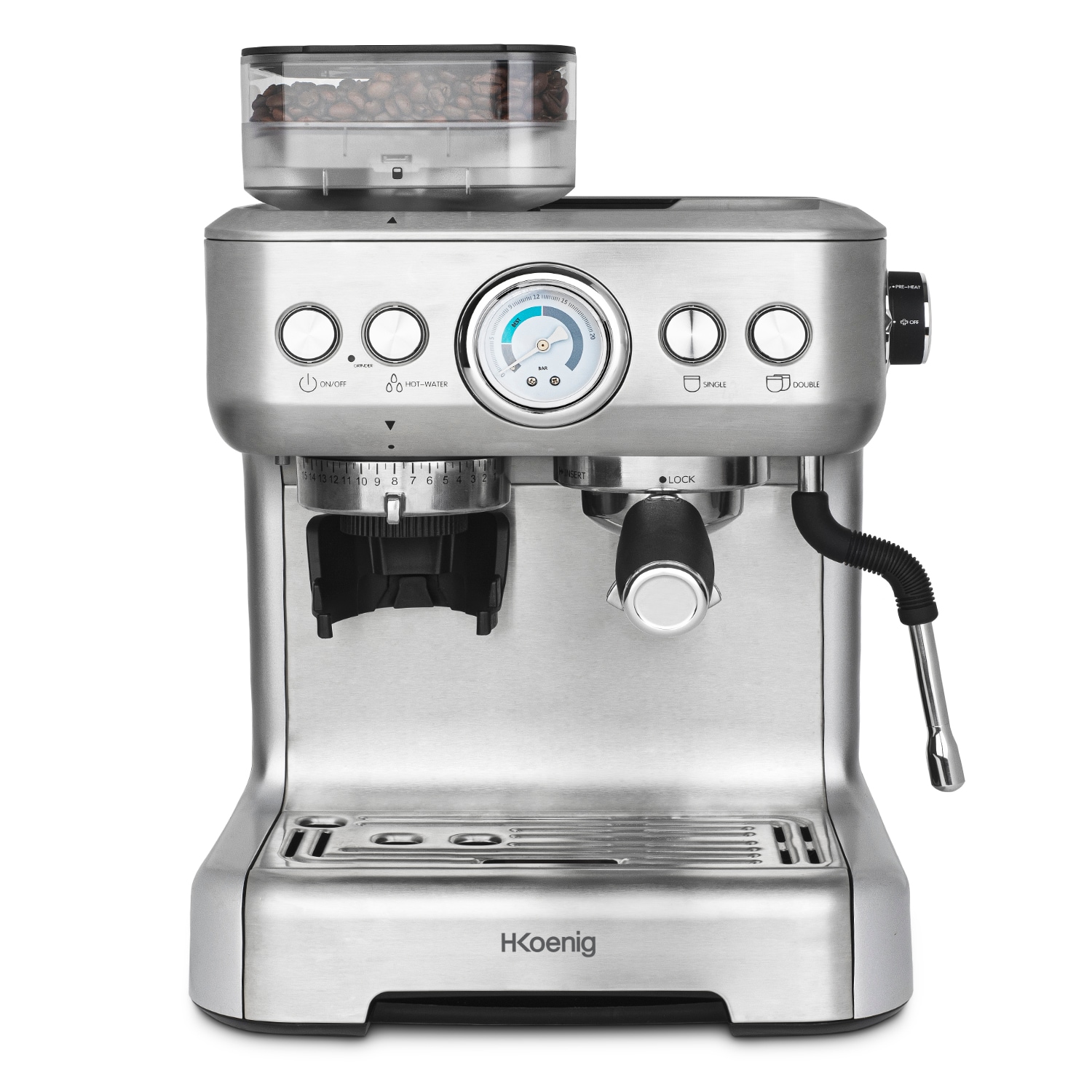 H.Koenig Espressomaschine mit Mahlwerk EXPRO980, K&ouml;rnungsbeh&auml;lter, 15 Mahlgr&ouml;&szlig;en, italienische Pumpe, 1 oder 2 Tassen 