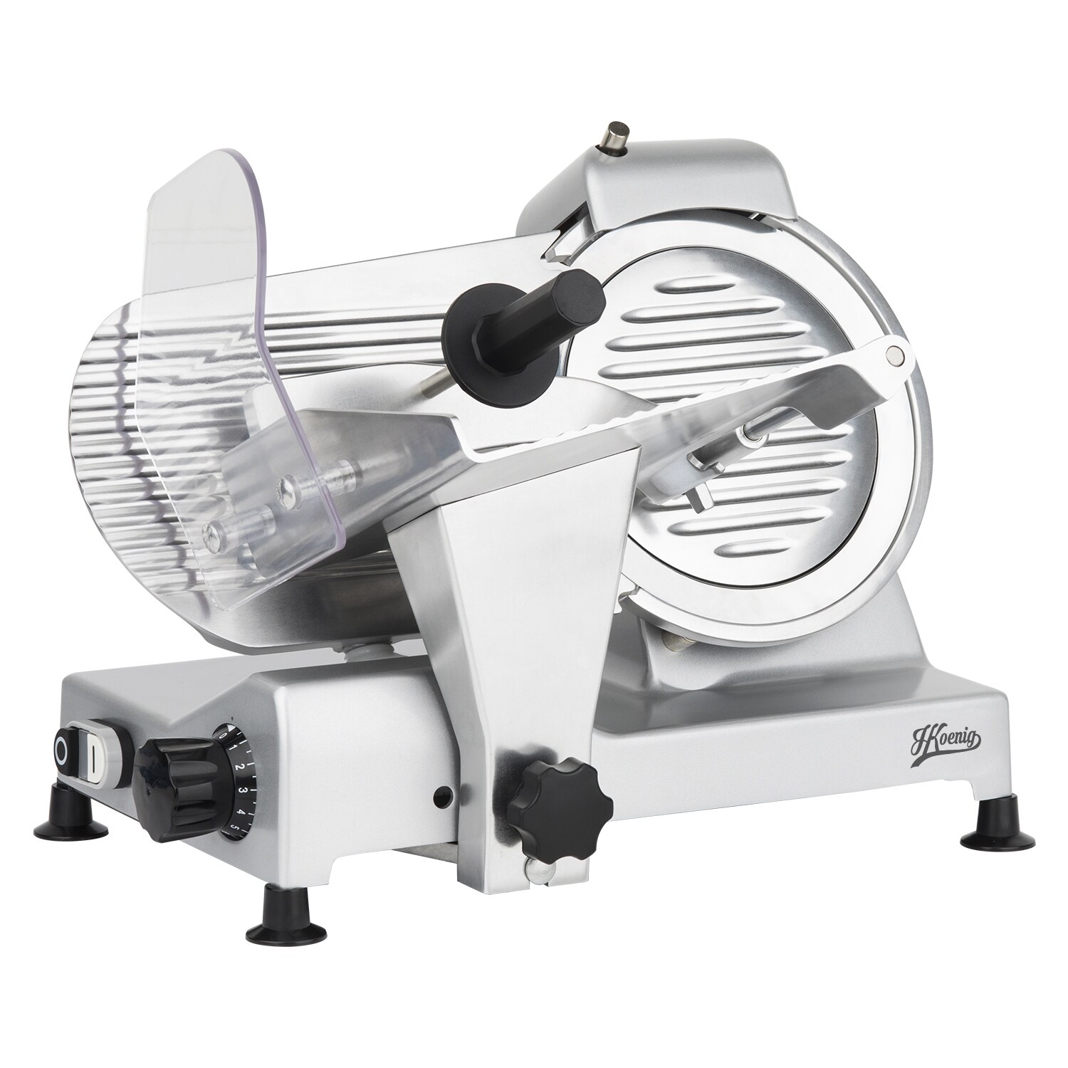 H.Koenig Elektrischer Alleschneider MSX220, professionell, Schnitt 0-12 mm, italienische Klinge 20 cm, eingebauter Schärfer, 282 rpm, Silber