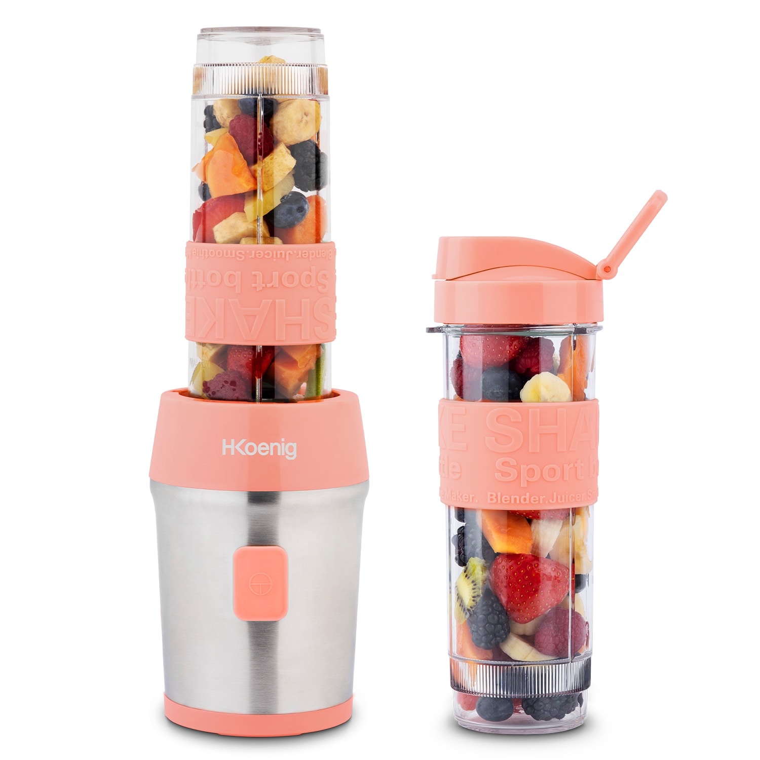 H.Koenig Mini Smoothie Maker Standmixer, Blender elektrisch, Transportabel Kompakt 570mL SMOO10 BPA-frei 300W, 2 tragbare Flaschen, Rosa 